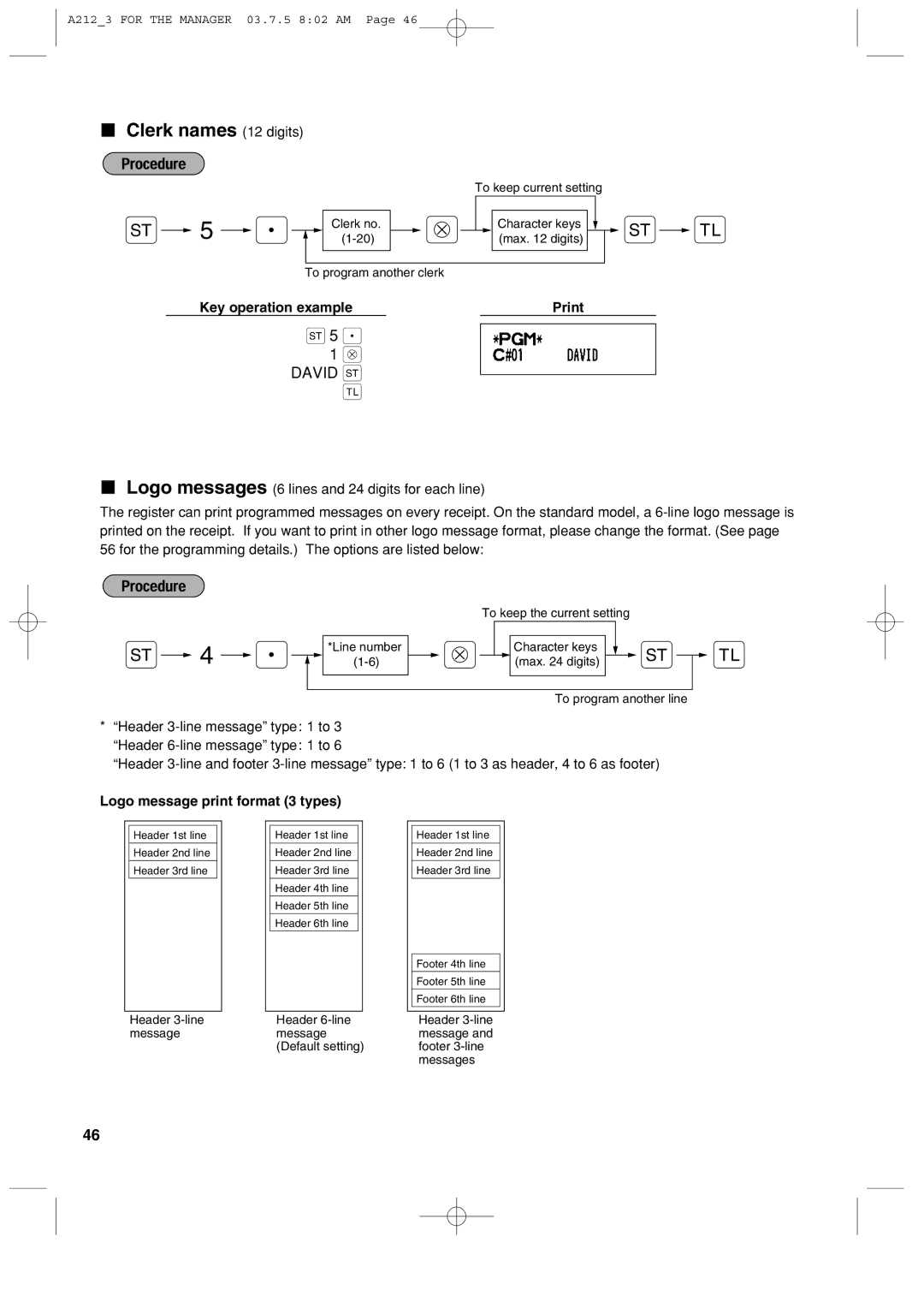 Sharp XE-A212 instruction manual Clerk names 12 digits, David s, Logo message print format 3 types 