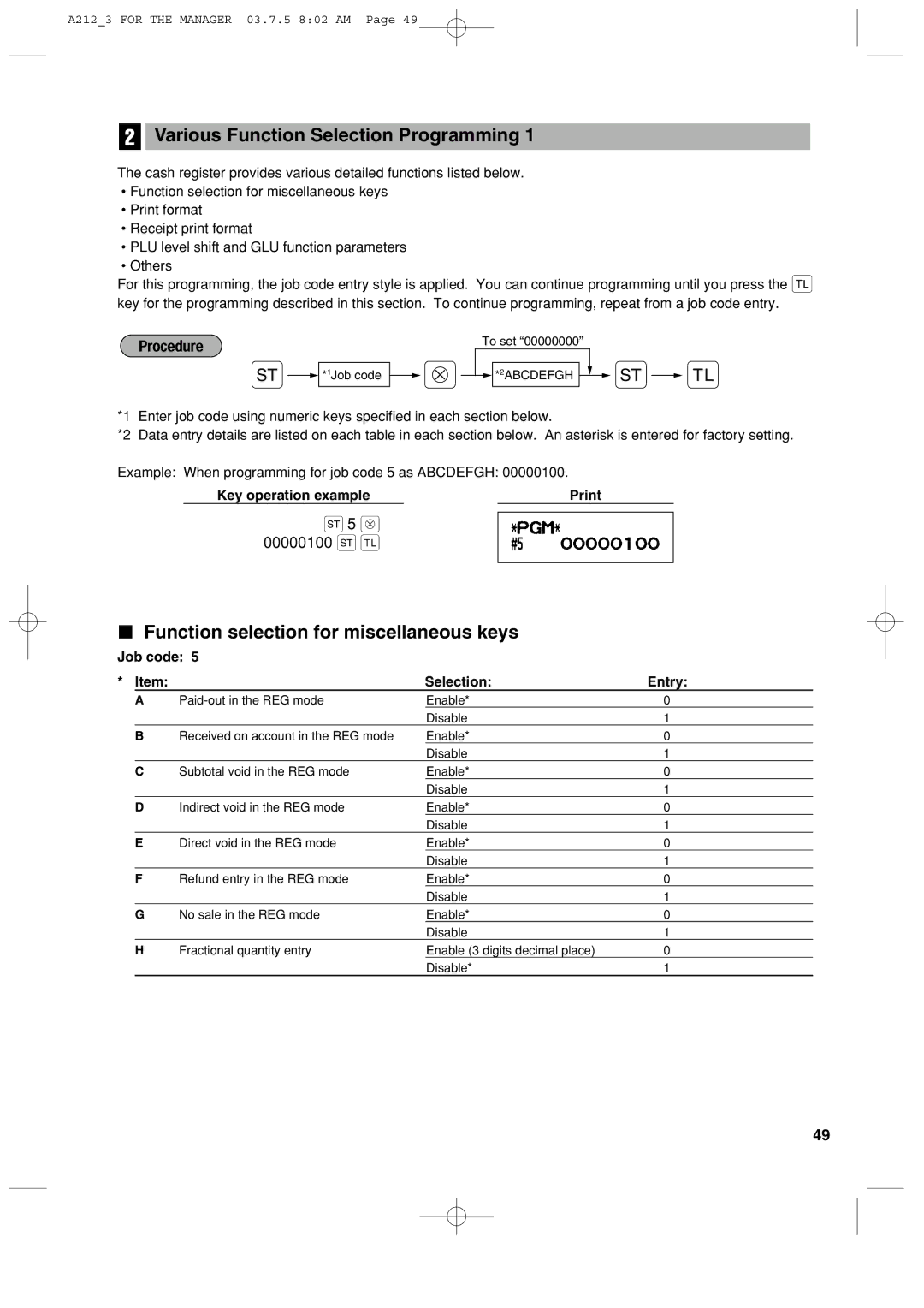 Sharp XE-A212 Various Function Selection Programming, Function selection for miscellaneous keys, 00000100 s a 