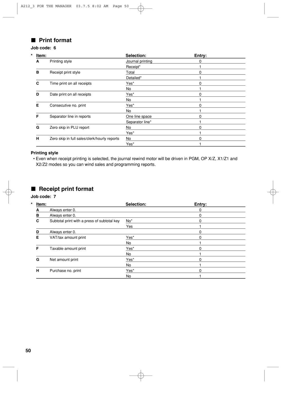 Sharp XE-A212 instruction manual Print format, Receipt print format, Printing style 