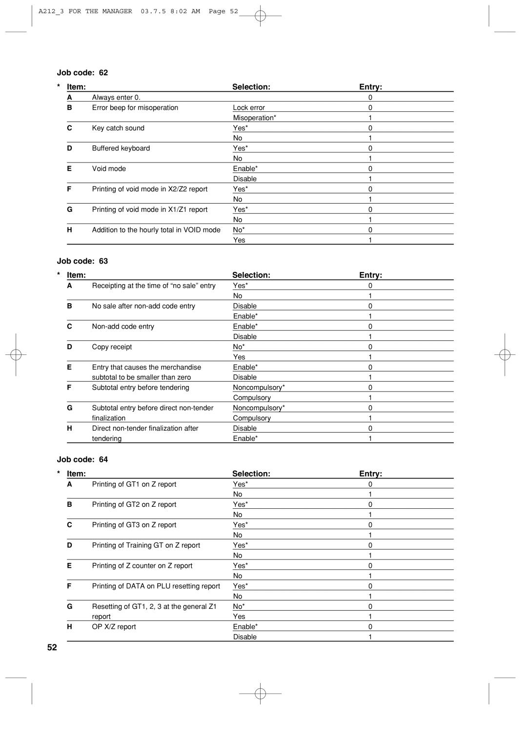 Sharp XE-A212 instruction manual Job code Selection Entry 