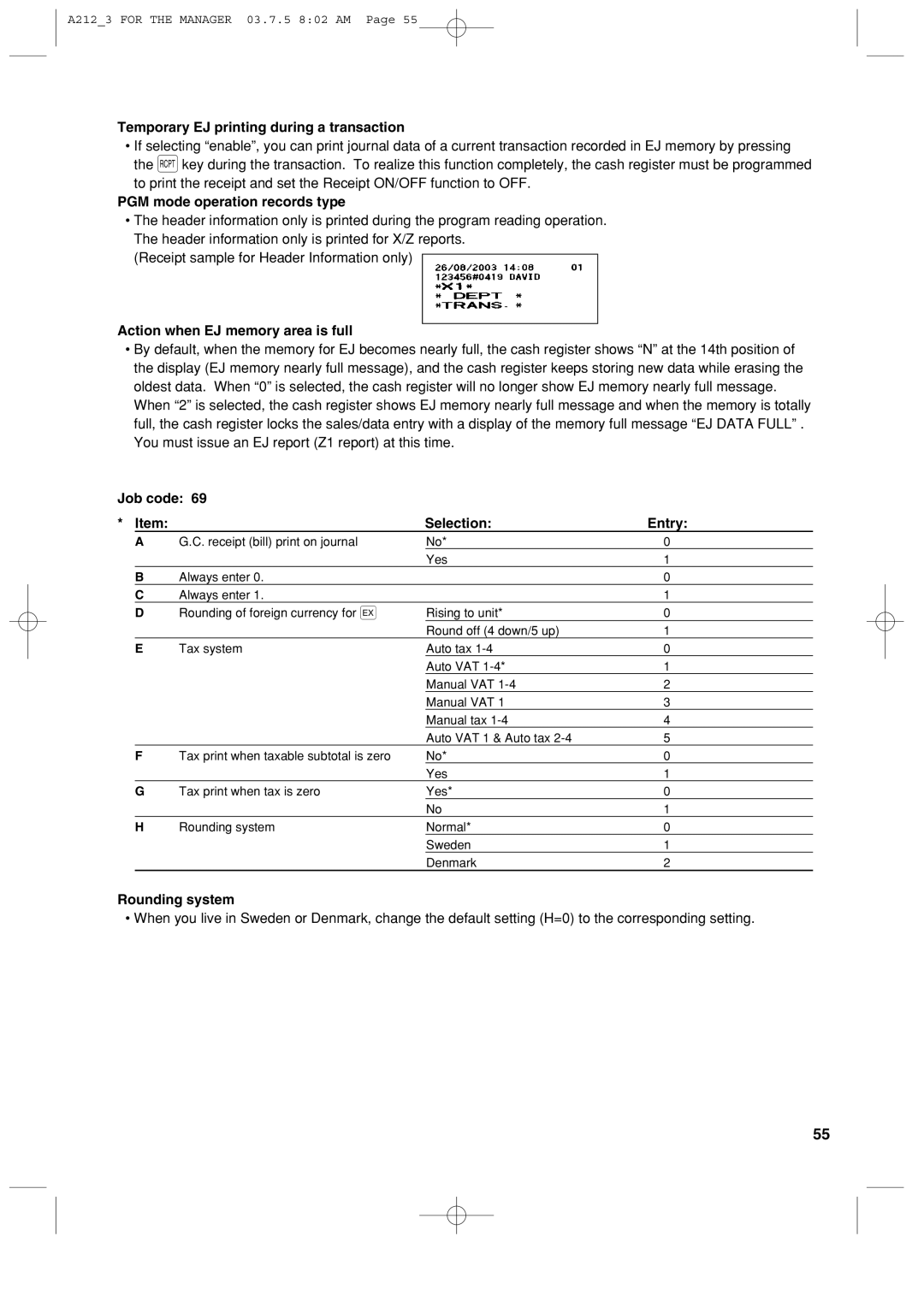 Sharp XE-A212 instruction manual Temporary EJ printing during a transaction, PGM mode operation records type 