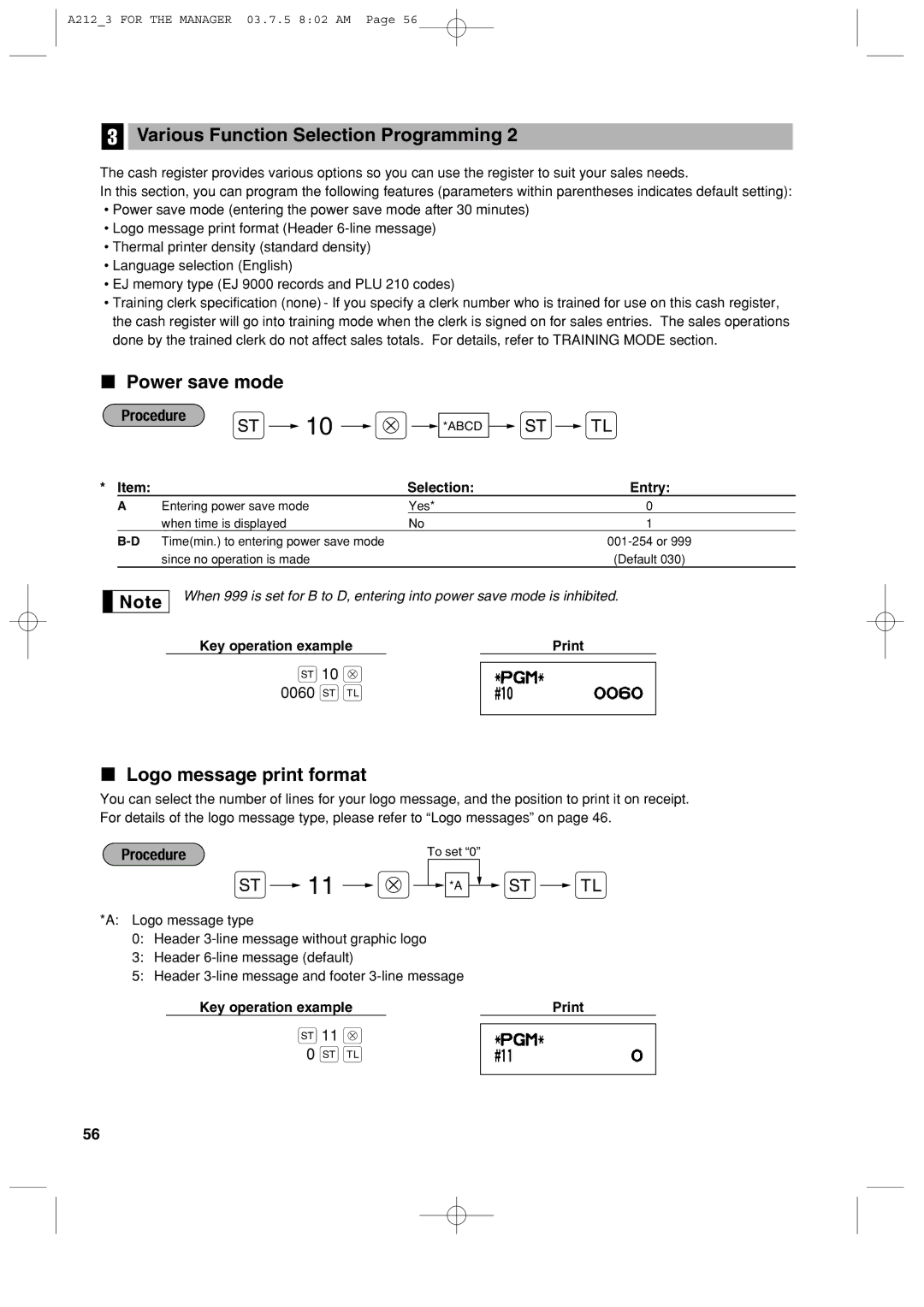 Sharp XE-A212 instruction manual Power save mode, Logo message print format, 10 @ 0060 s a, 11 @ 