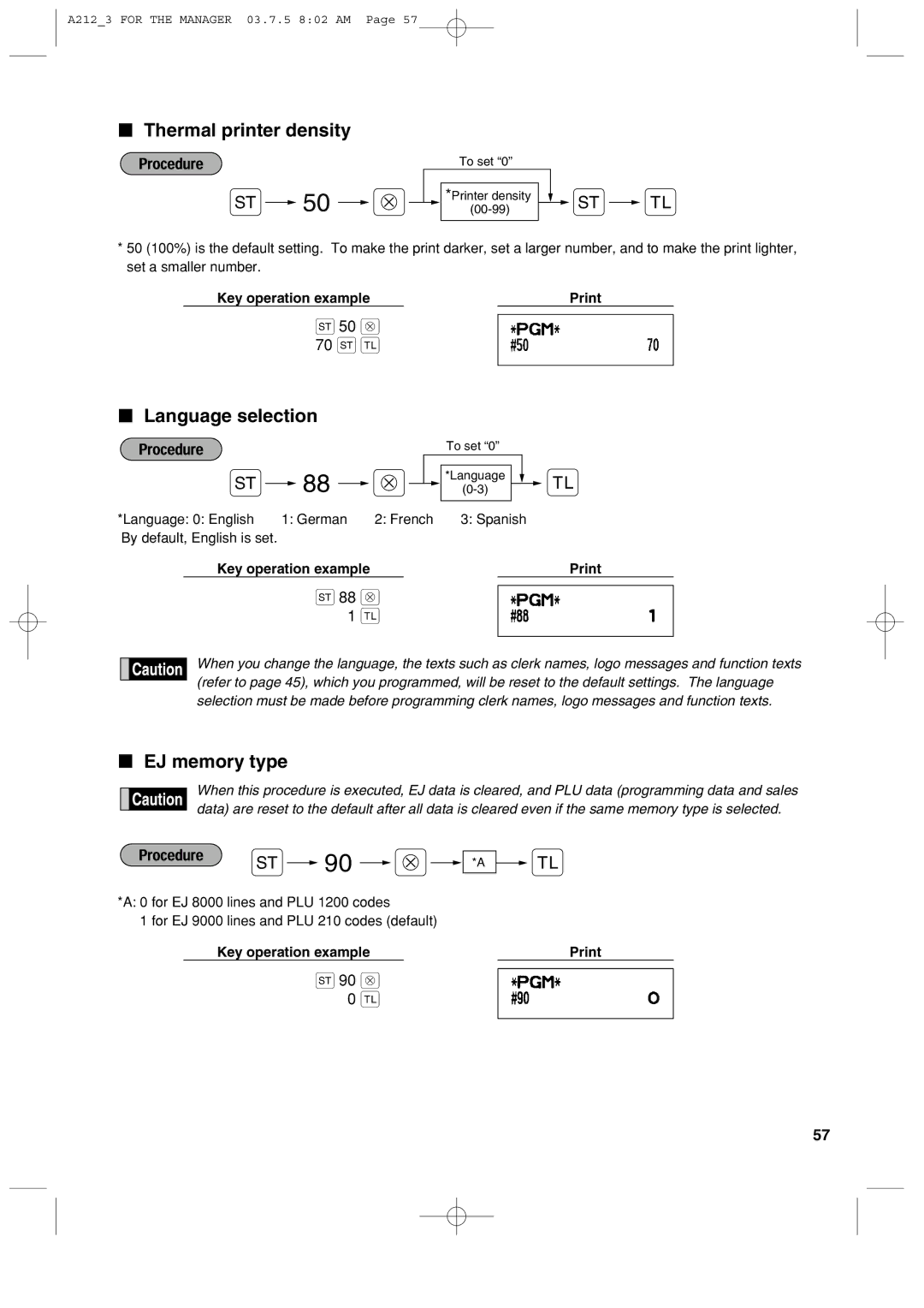 Sharp XE-A212 instruction manual Thermal printer density, Language selection, EJ memory type 