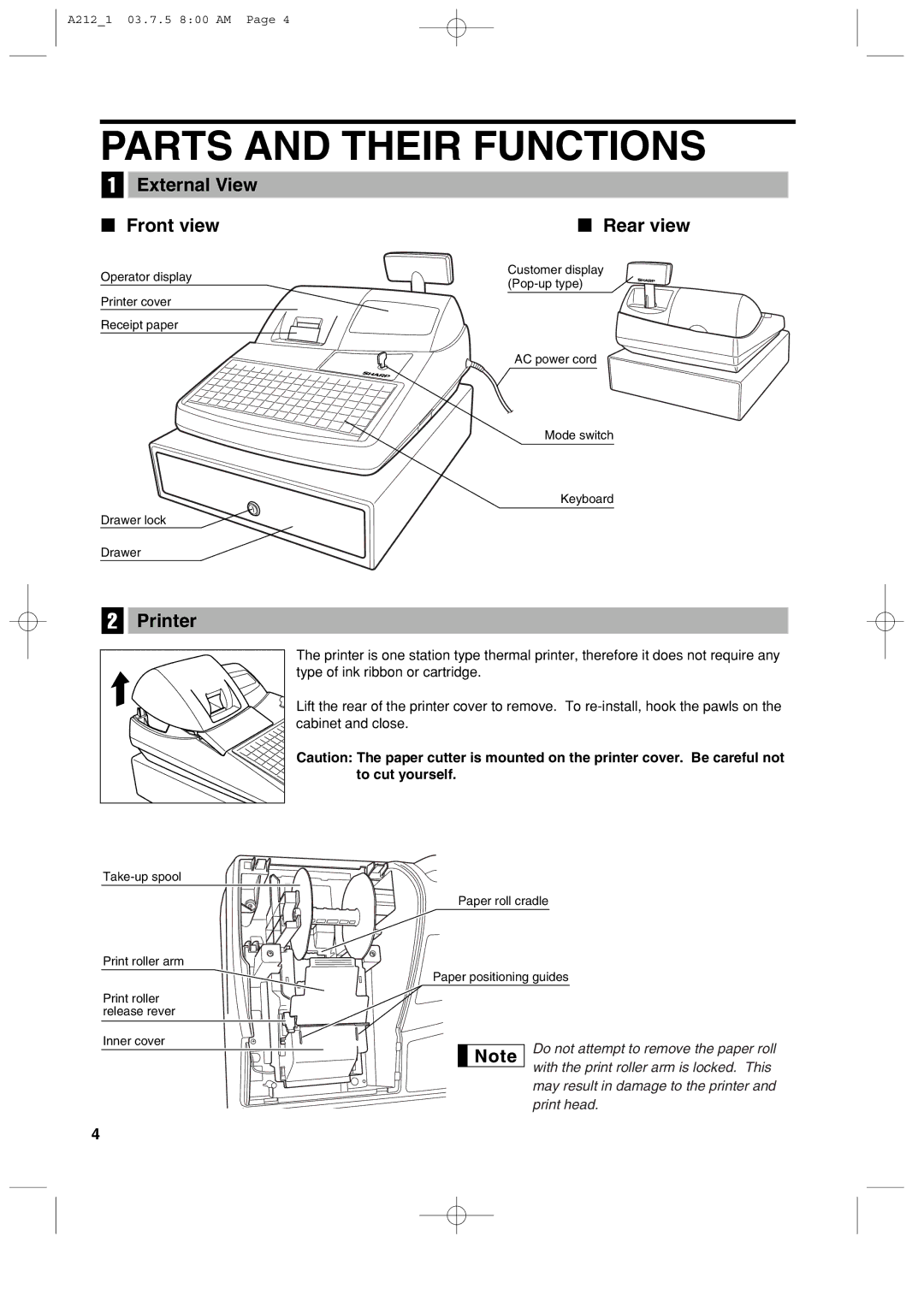 Sharp XE-A212 instruction manual Parts and Their Functions, External View Front view, Printer 