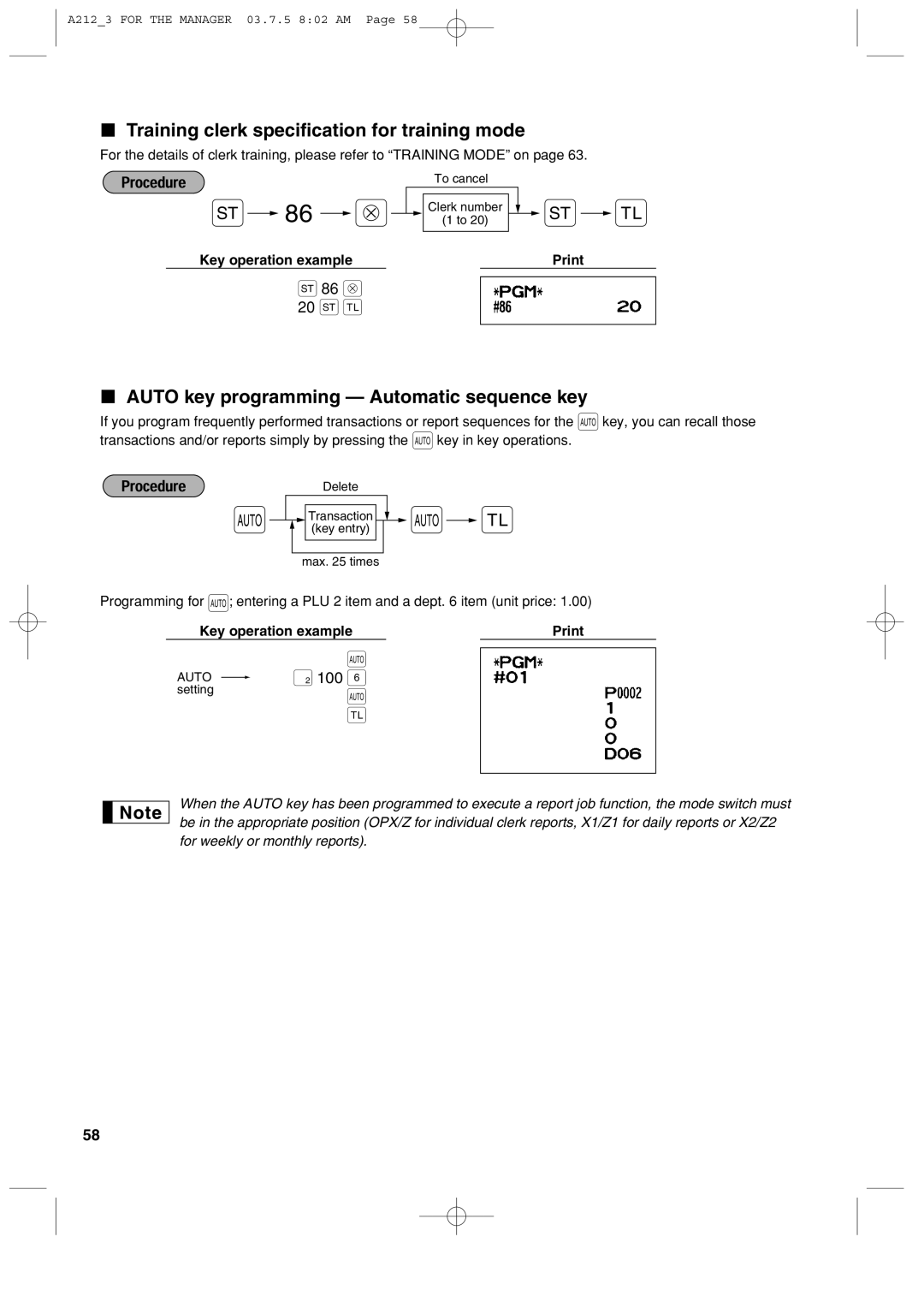 Sharp XE-A212 Training clerk specification for training mode, Auto key programming Automatic sequence key, 86 @ 20 s a 