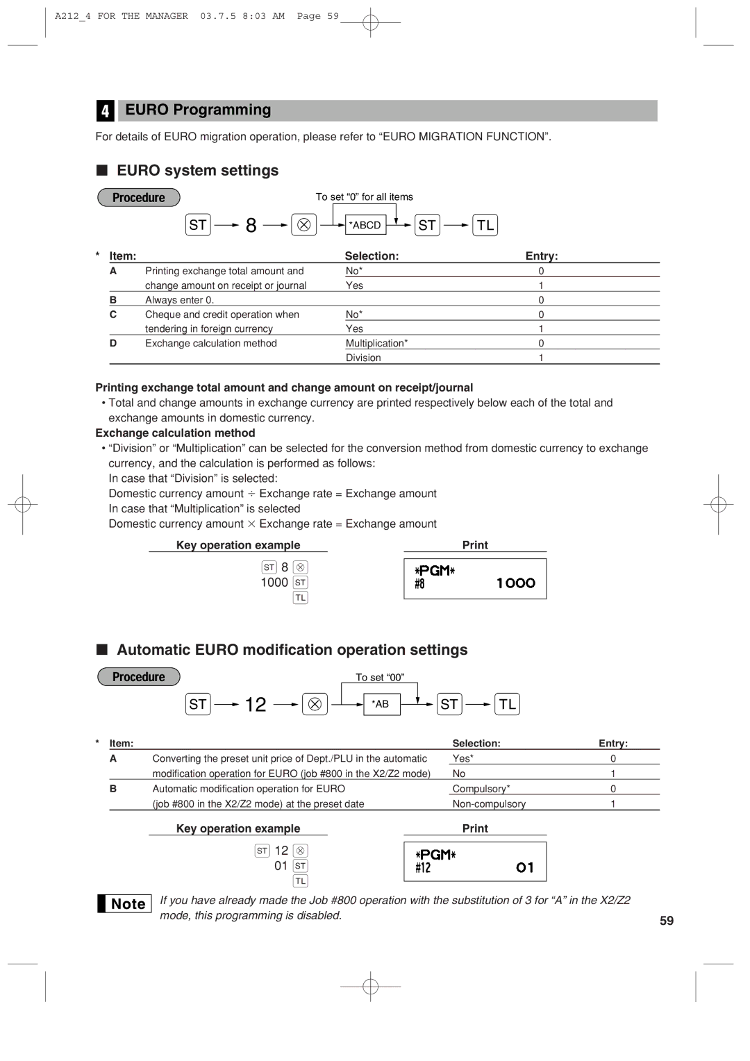 Sharp XE-A212 01 s, Euro Programming, Euro system settings, Automatic Euro modification operation settings 