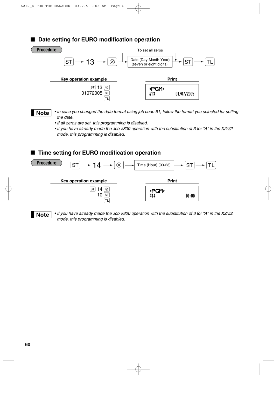 Sharp XE-A212 Date setting for Euro modification operation, Time setting for Euro modification operation, 13 @ 01072005 s 