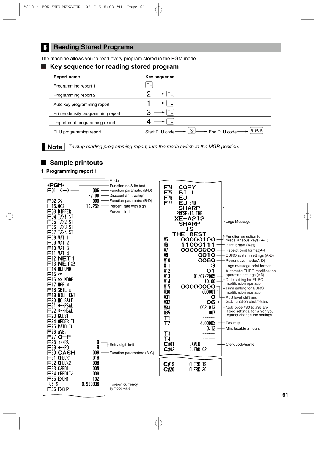 Sharp XE-A212 Reading Stored Programs, Key sequence for reading stored program, Sample printouts, Programming report 