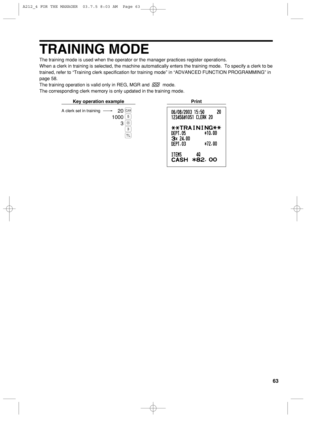 Sharp XE-A212 instruction manual Training Mode, Key operation example Print 