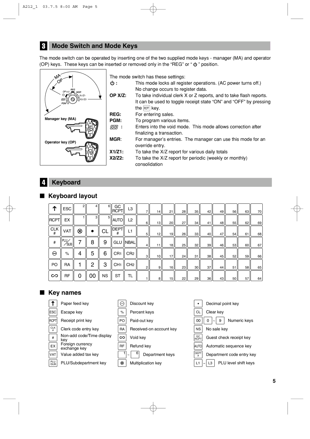 Sharp XE-A212 instruction manual Mode Switch and Mode Keys, Keyboard layout, Key names 