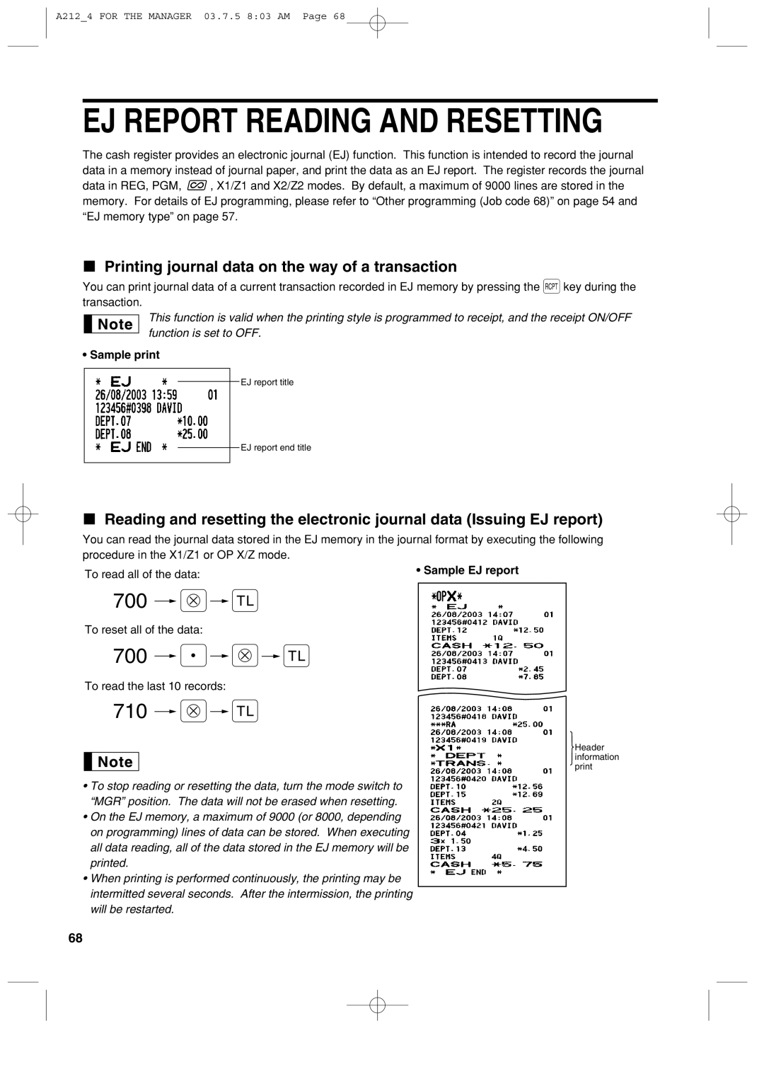 Sharp XE-A212 EJ Report Reading and Resetting, Printing journal data on the way of a transaction, Sample print 