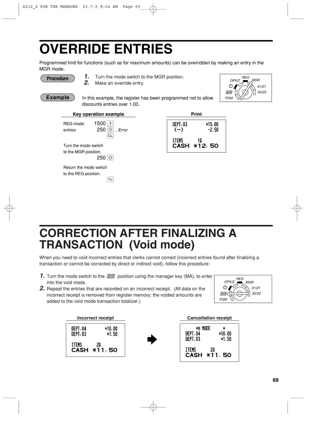 Sharp XE-A212 instruction manual Override Entries, 250, Incorrect receipt Cancellation receipt 