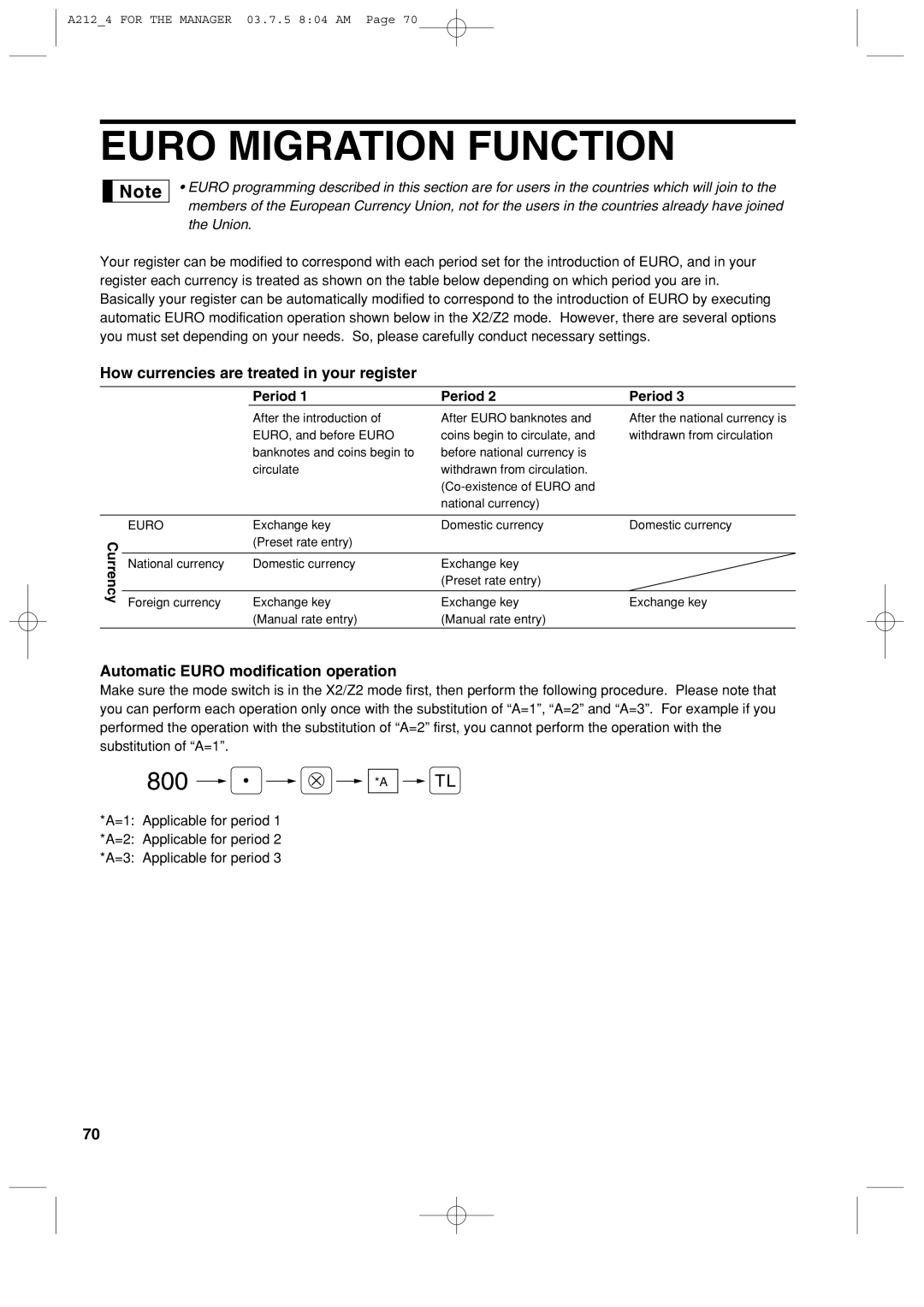 Sharp XE-A212 instruction manual Euro Migration Function, Period 