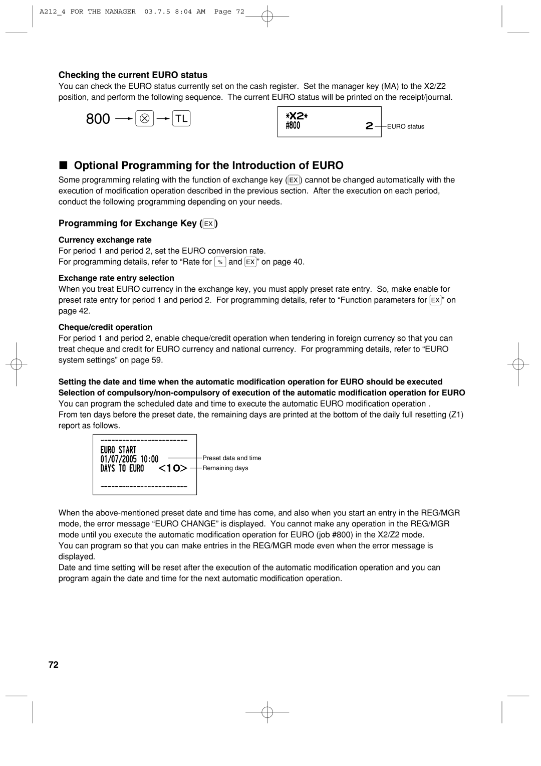 Sharp XE-A212 Optional Programming for the Introduction of Euro, Currency exchange rate, Exchange rate entry selection 