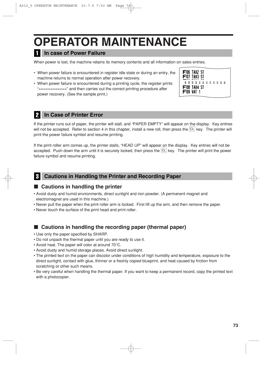 Sharp XE-A212 instruction manual Operator Maintenance, Case of Power Failure, Case of Printer Error 