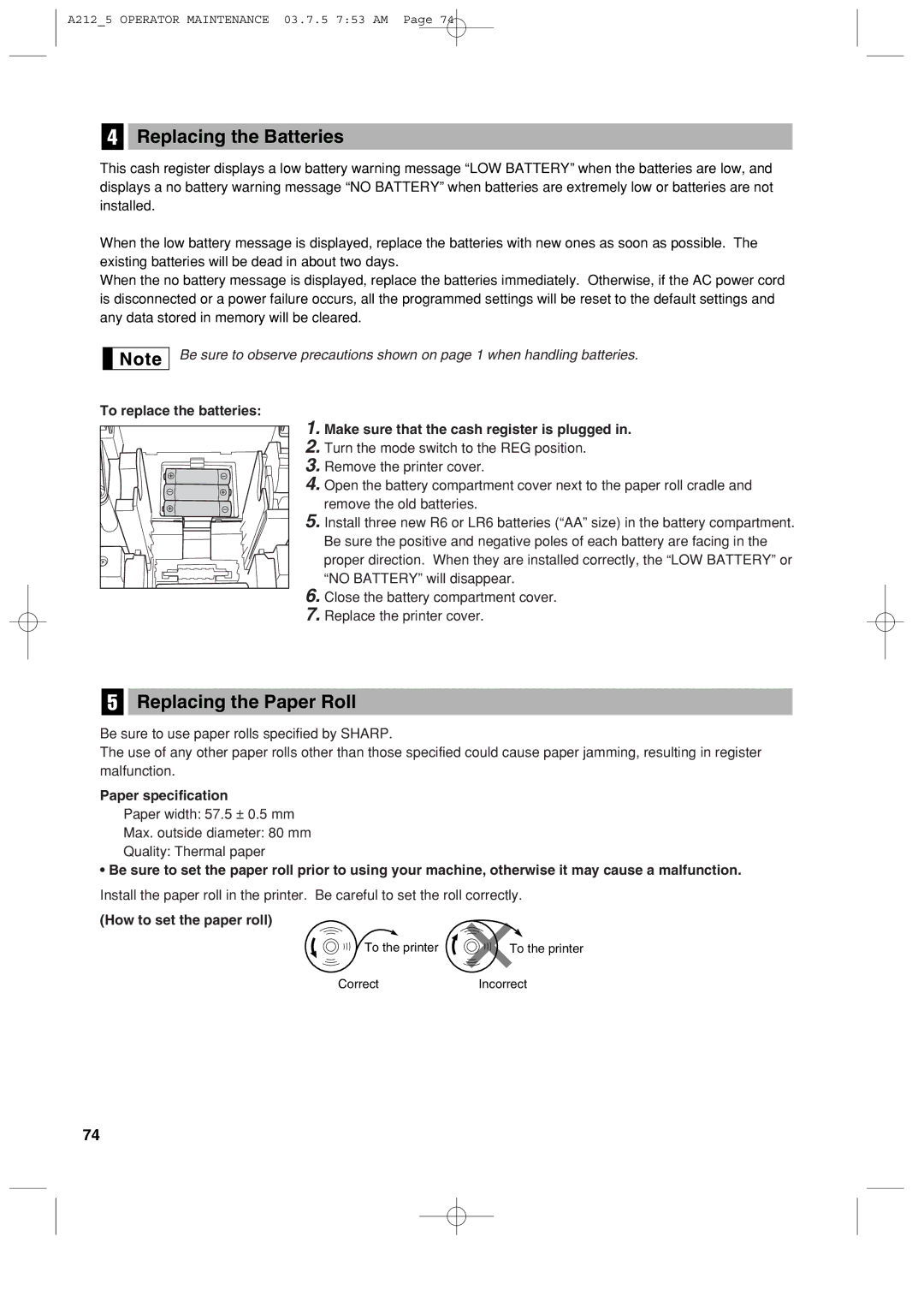 Sharp XE-A212 Replacing the Batteries, Replacing the Paper Roll, Paper specification, How to set the paper roll 