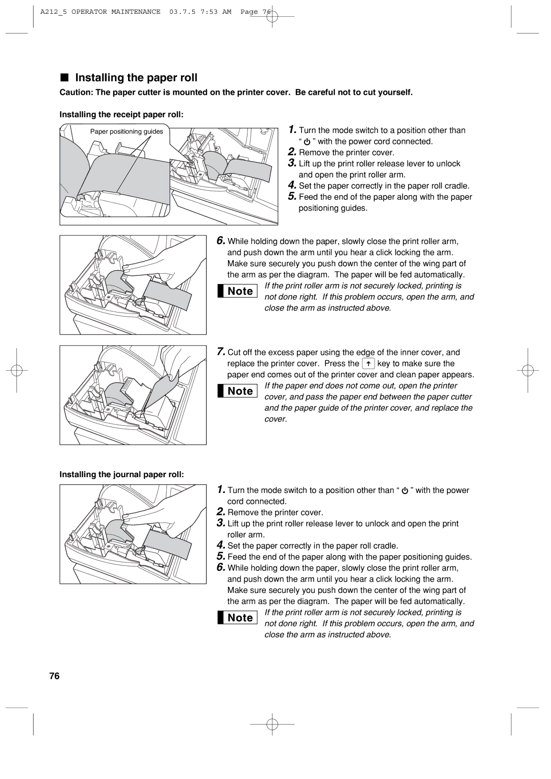 Sharp XE-A212 Installing the paper roll, Installing the receipt paper roll, Installing the journal paper roll 