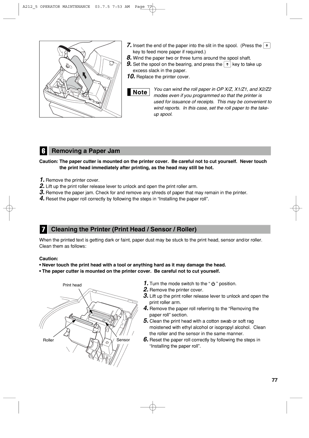 Sharp XE-A212 instruction manual Removing a Paper Jam, Cleaning the Printer Print Head / Sensor / Roller 