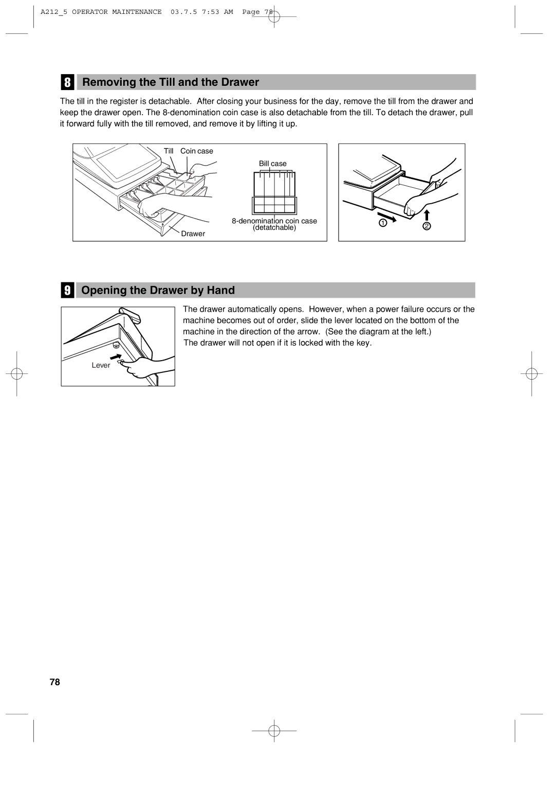 Sharp XE-A212 instruction manual Removing the Till and the Drawer, Opening the Drawer by Hand 