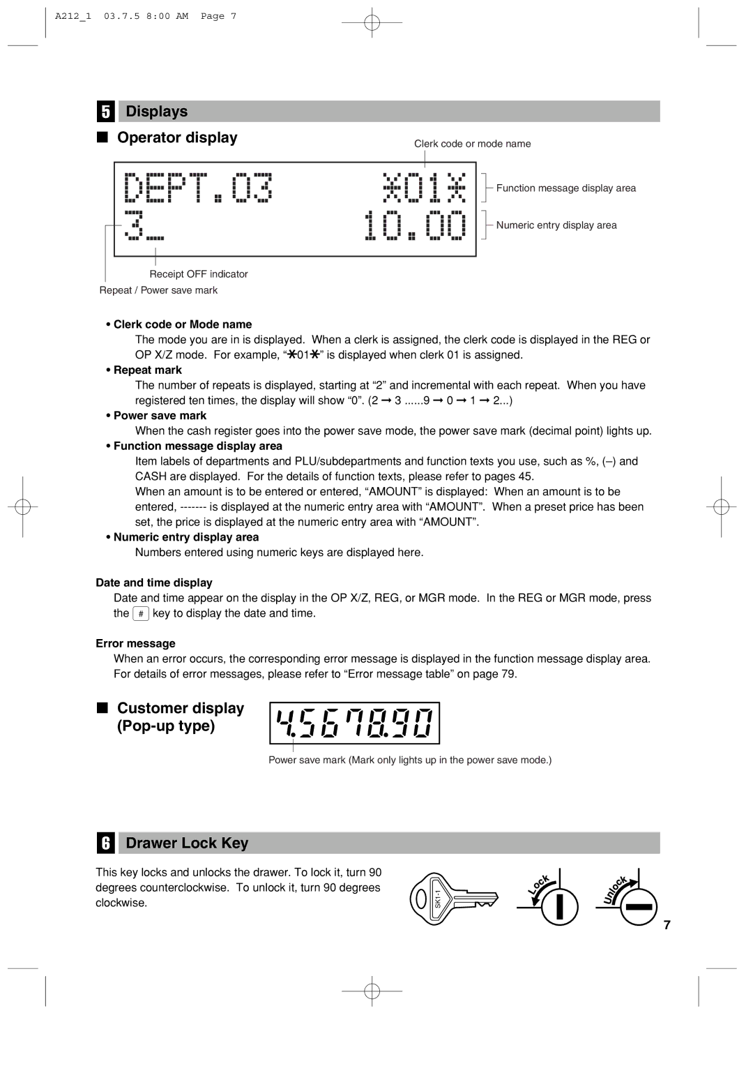 Sharp XE-A212 instruction manual Displays Operator display, Customer display Pop-up type, Drawer Lock Key 