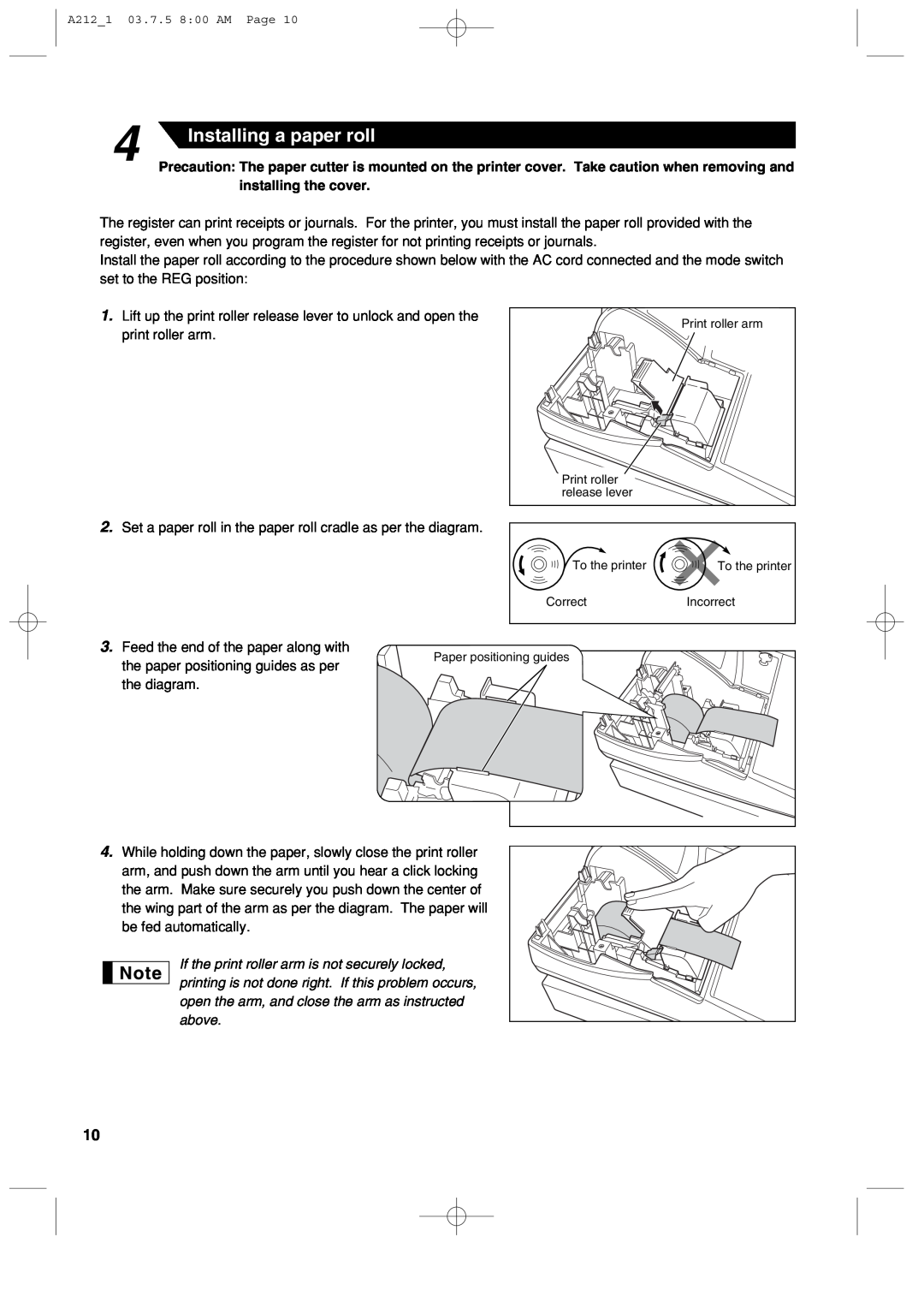 Sharp XE-A212 instruction manual Installing a paper roll 