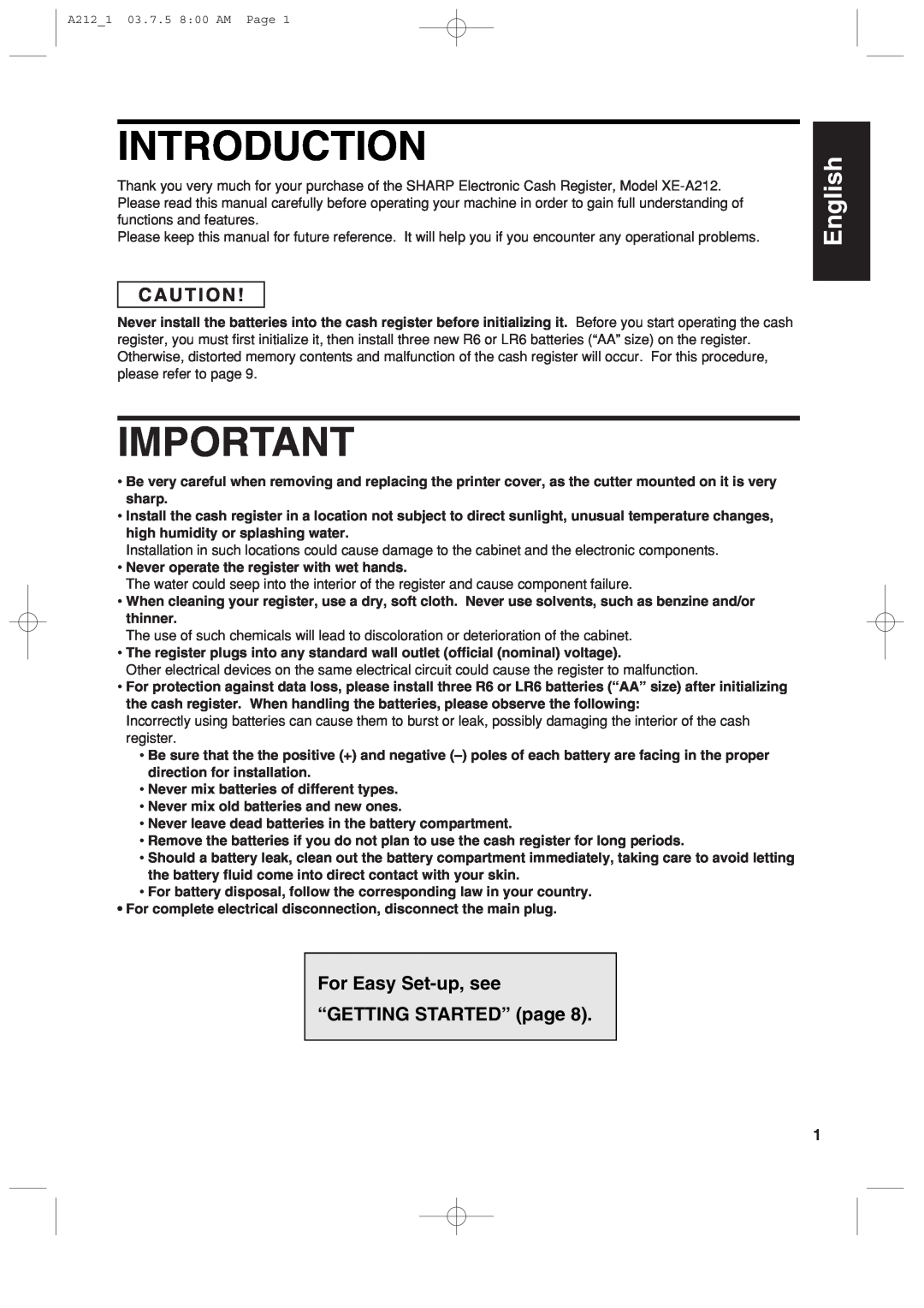 Sharp XE-A212 instruction manual Introduction, C A U T I O N, For Easy Set-up, see “GETTING STARTED” page, English English 