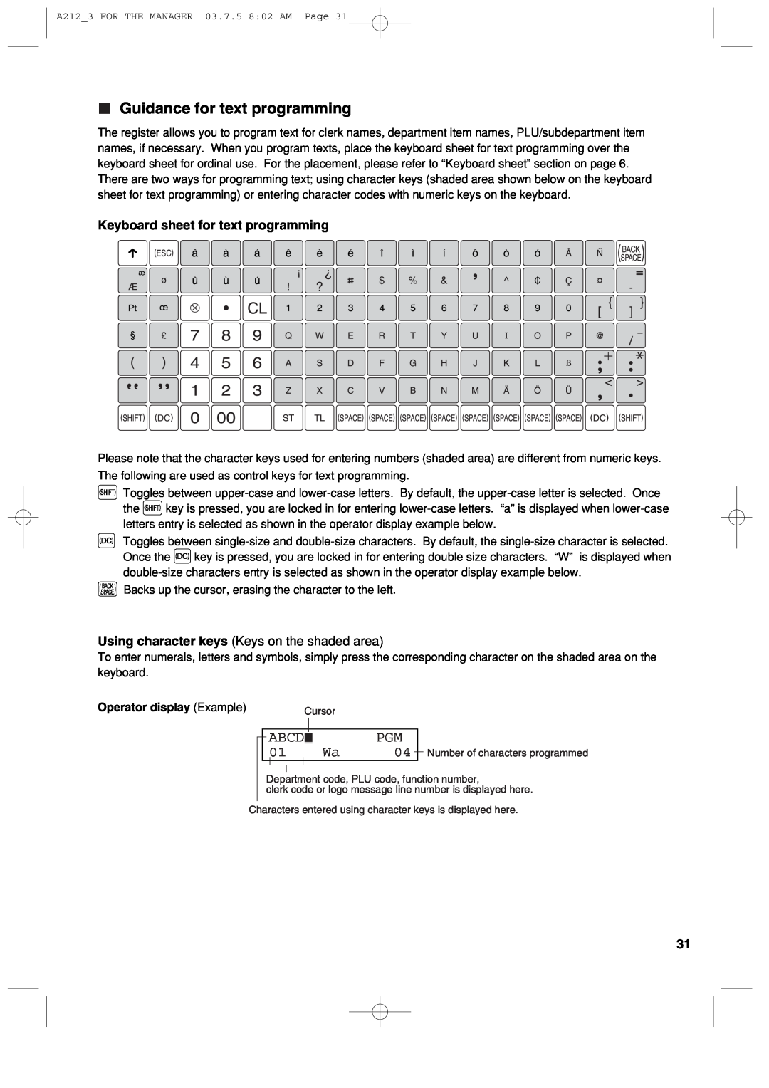 Sharp XE-A212 Guidance for text programming, Abcd, Keyboard sheet for text programming, Operator display Example 