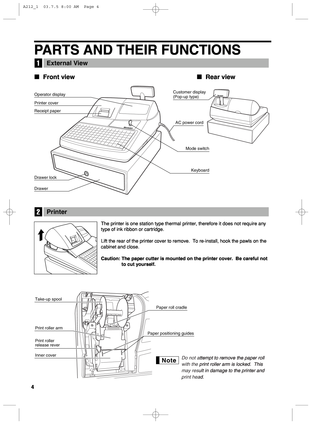 Sharp XE-A212 instruction manual Parts And Their Functions, External View, Front view, Printer, Rear view 