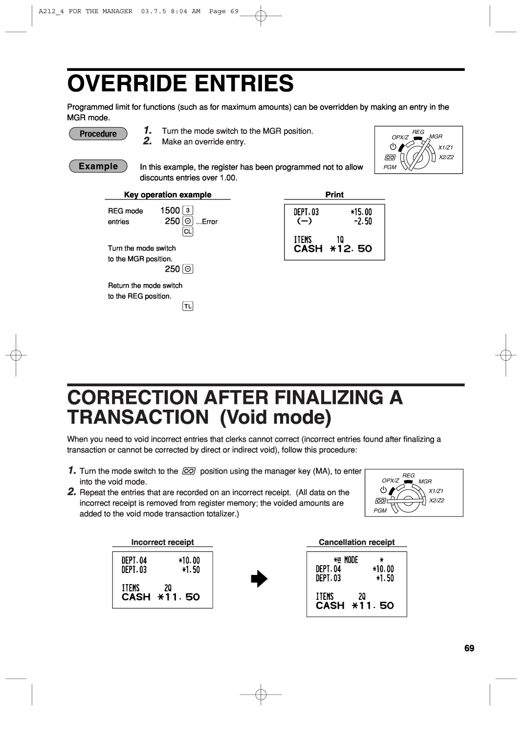 Sharp XE-A212 Override Entries, CORRECTION AFTER FINALIZING A TRANSACTION Void mode, 1500, Key operation example, Print 