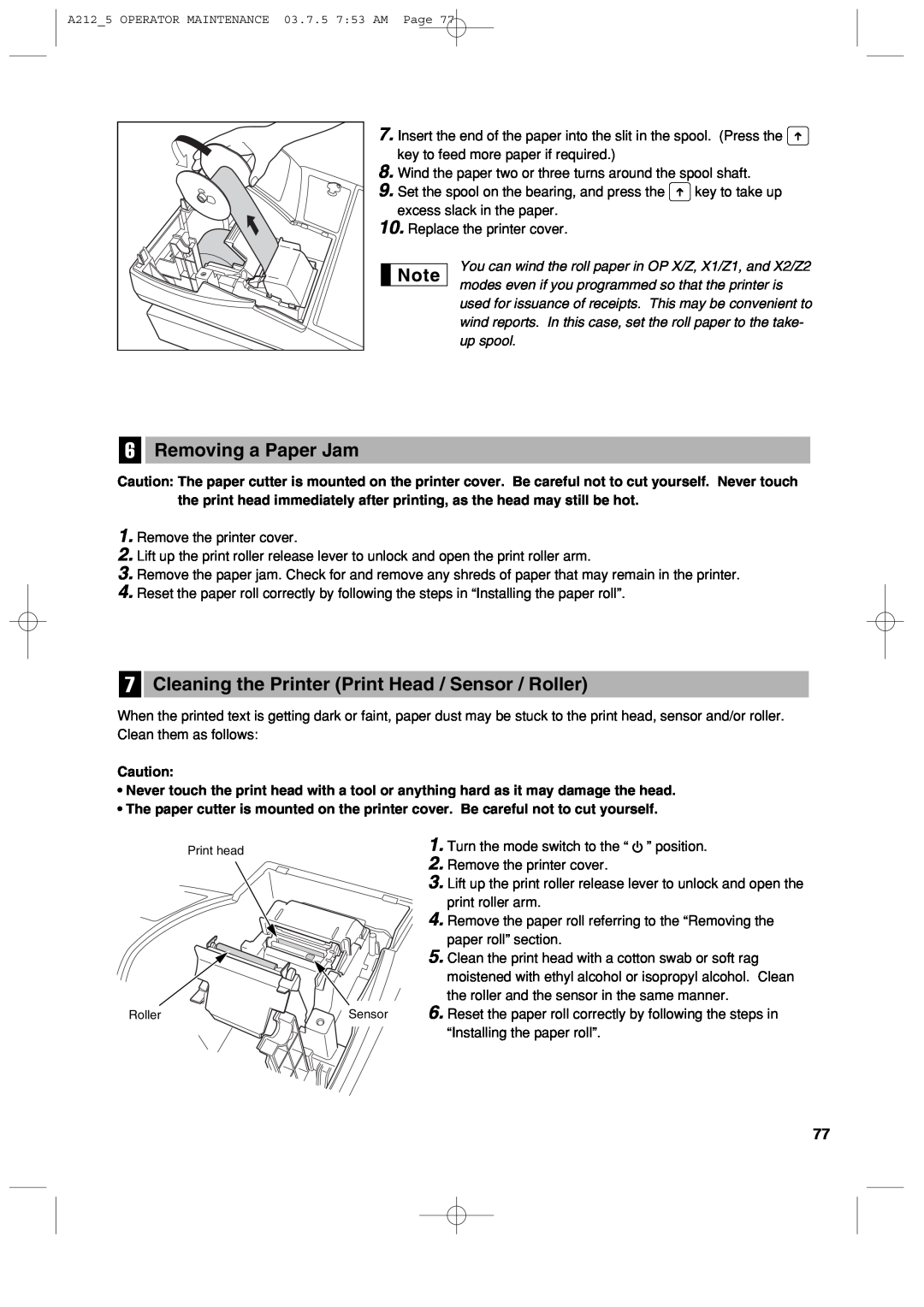 Sharp XE-A212 instruction manual Removing a Paper Jam, Cleaning the Printer Print Head / Sensor / Roller, Print head 