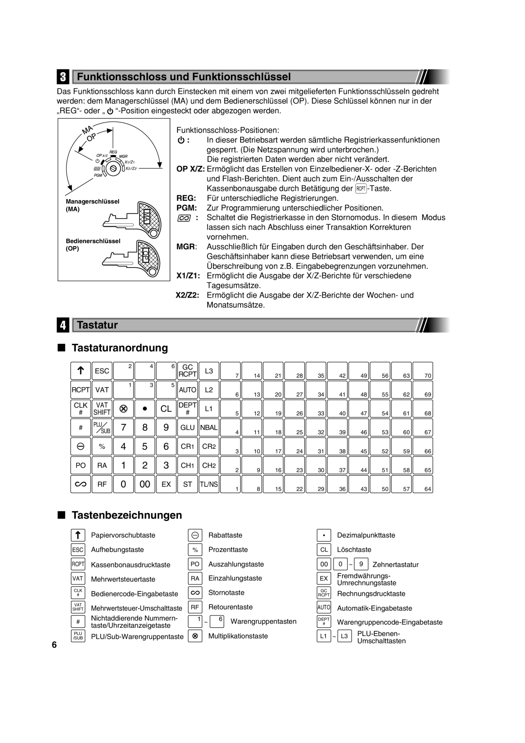 Sharp XE-A213 instruction manual Funktionsschloss und Funktionsschlüssel, Tastatur Tastaturanordnung, Tastenbezeichnungen 