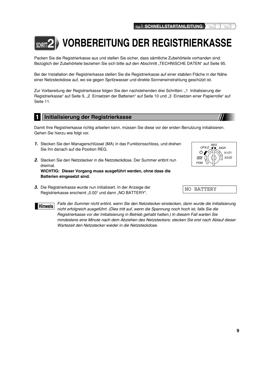 Sharp XE-A213 instruction manual SCHRITT2 Vorbereitung DER Registrierkasse, Initialisierung der Registrierkasse 