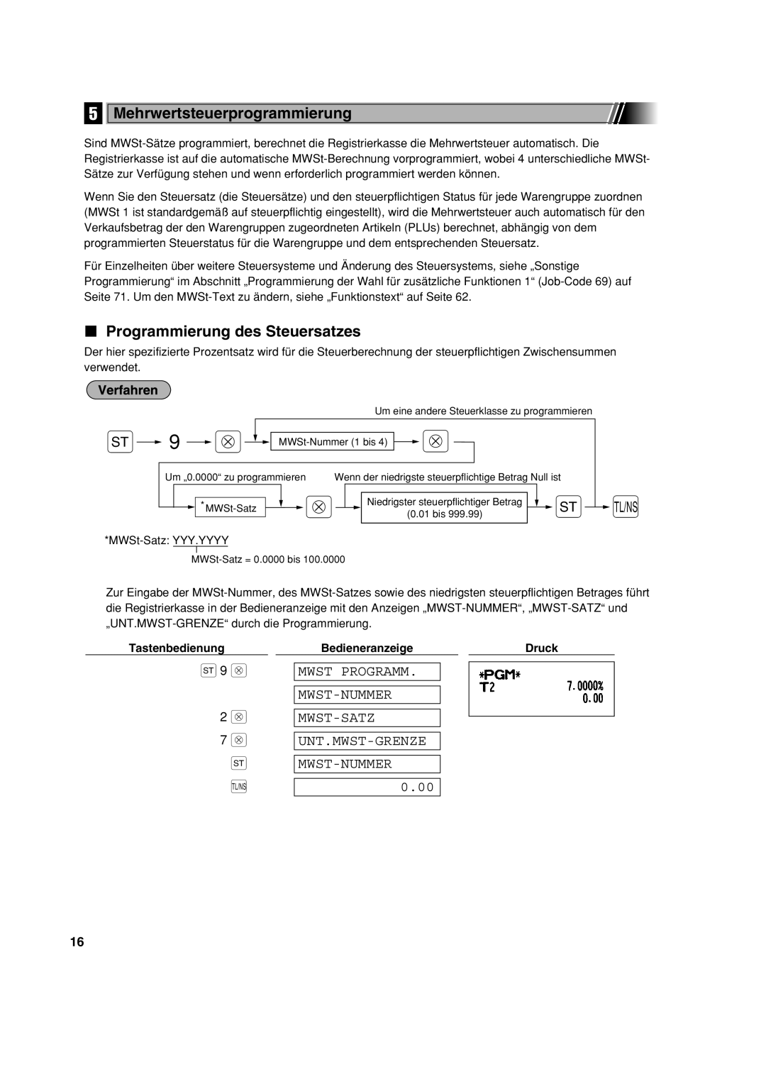 Sharp XE-A213 instruction manual Mehrwertsteuerprogrammierung, Programmierung des Steuersatzes, MWSt-Satz YYY.YYYY 