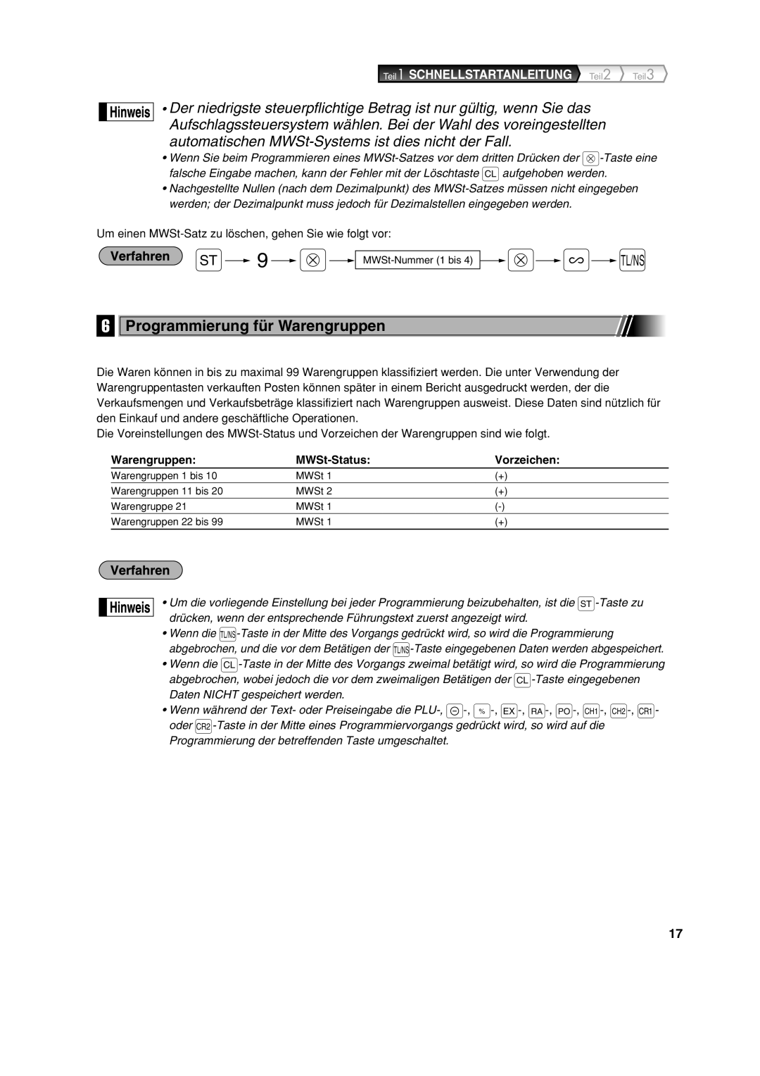 Sharp XE-A213 instruction manual Programmierung für Warengruppen, Um einen MWSt-Satz zu löschen, gehen Sie wie folgt vor 