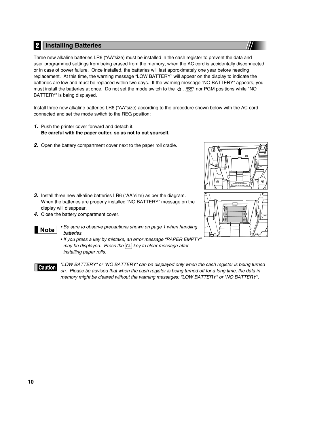 Sharp XE-A213 instruction manual Installing Batteries, Be careful with the paper cutter, so as not to cut yourself 