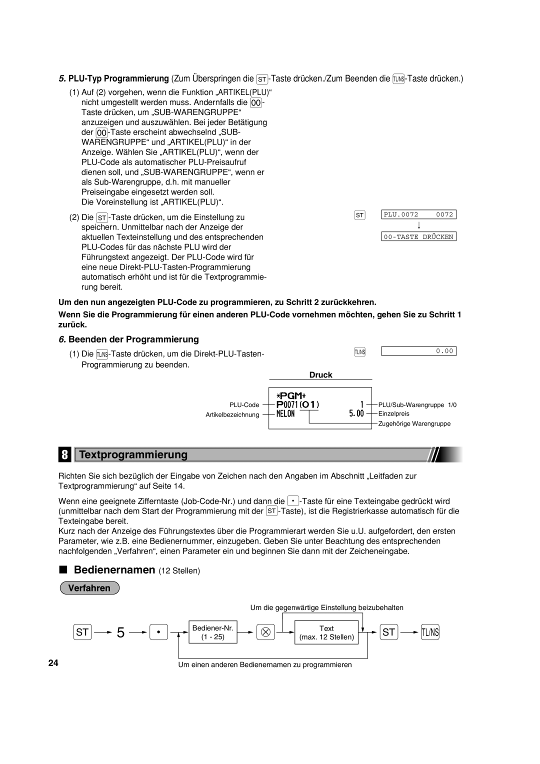 Sharp XE-A213 Textprogrammierung, Bedienernamen 12 Stellen, Auf 2 vorgehen, wenn die Funktion „ARTIKELPLU 