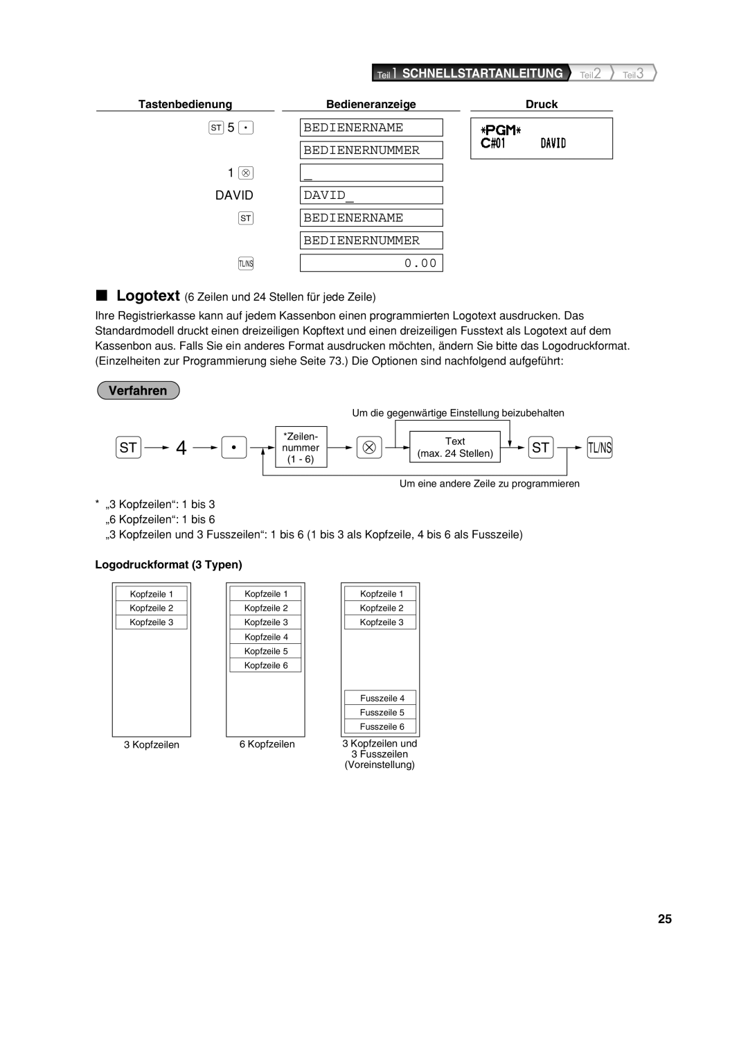 Sharp XE-A213 instruction manual Tastenbedienung Bedieneranzeige Druck, Logotext 6 Zeilen und 24 Stellen für jede Zeile 