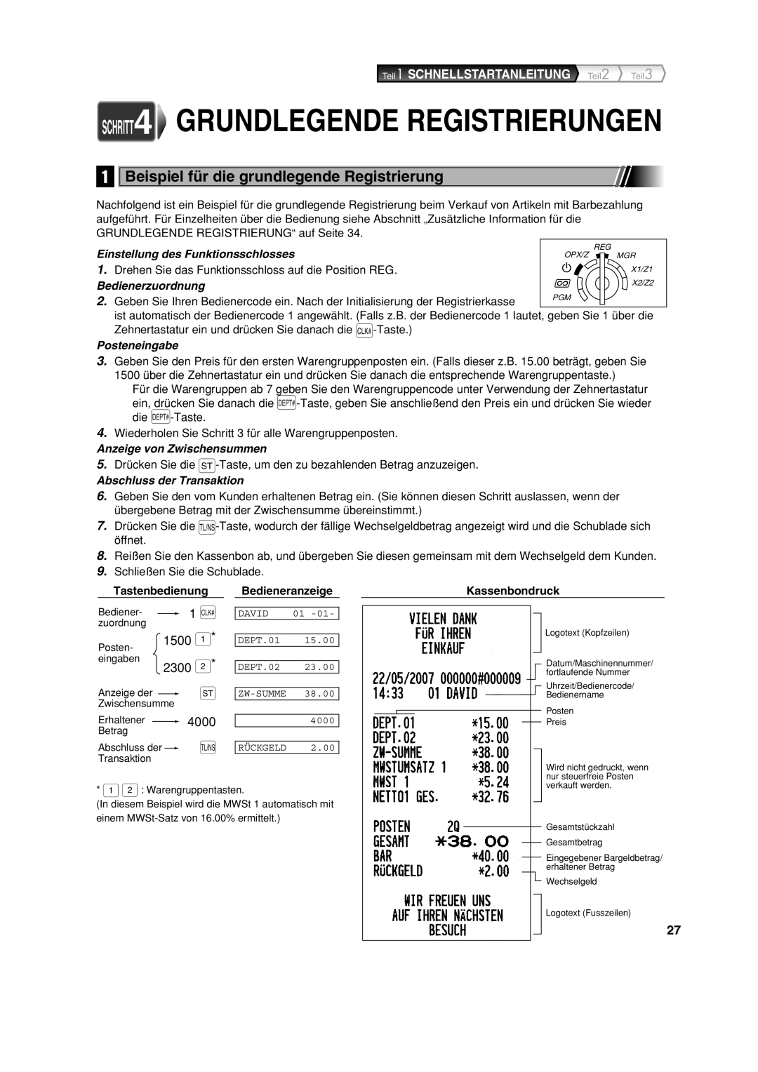 Sharp XE-A213 instruction manual Beispiel für die grundlegende Registrierung, 2300, 4000, Kassenbondruck 