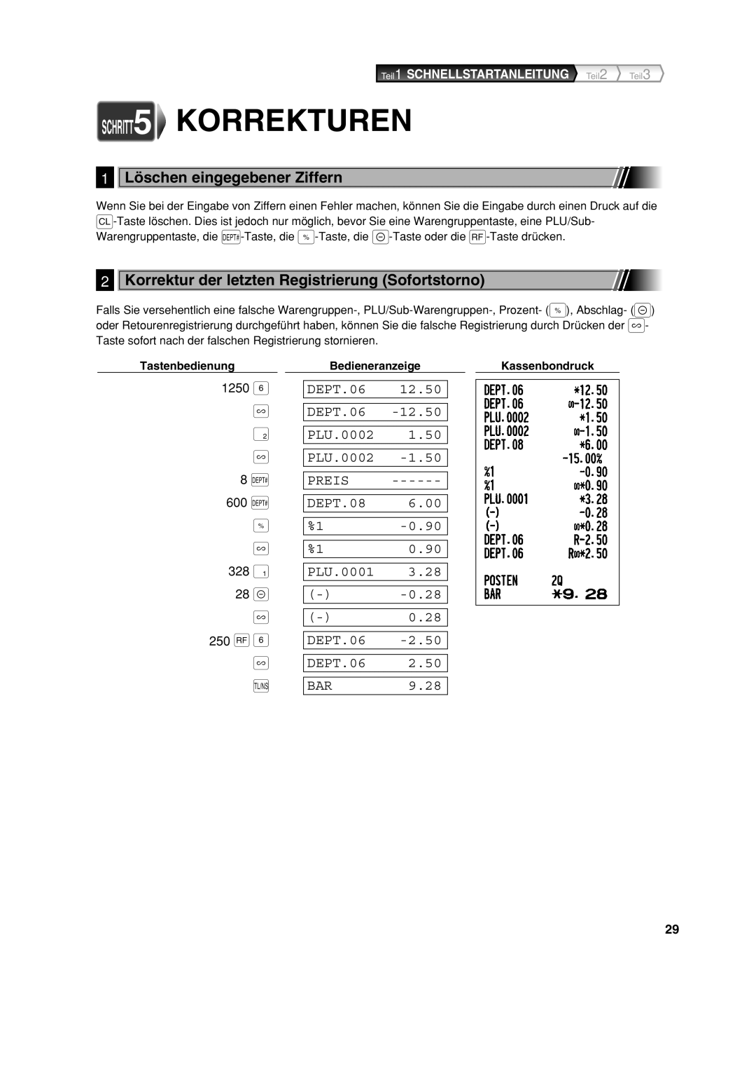 Sharp XE-A213 instruction manual Löschen eingegebener Ziffern, Korrektur der letzten Registrierung Sofortstorno 