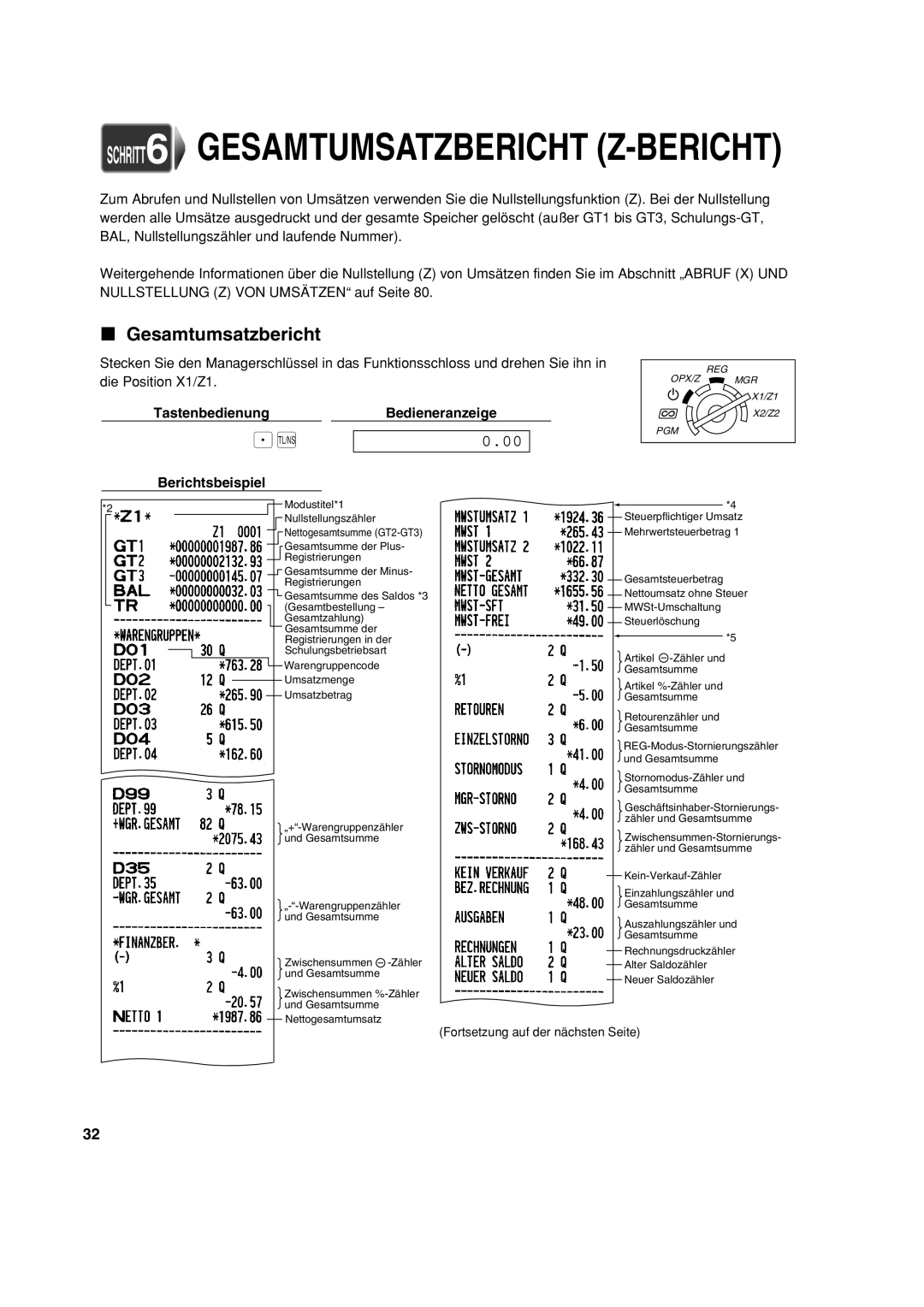 Sharp XE-A213 instruction manual Gesamtumsatzbericht, TastenbedienungBedieneranzeige Berichtsbeispiel 