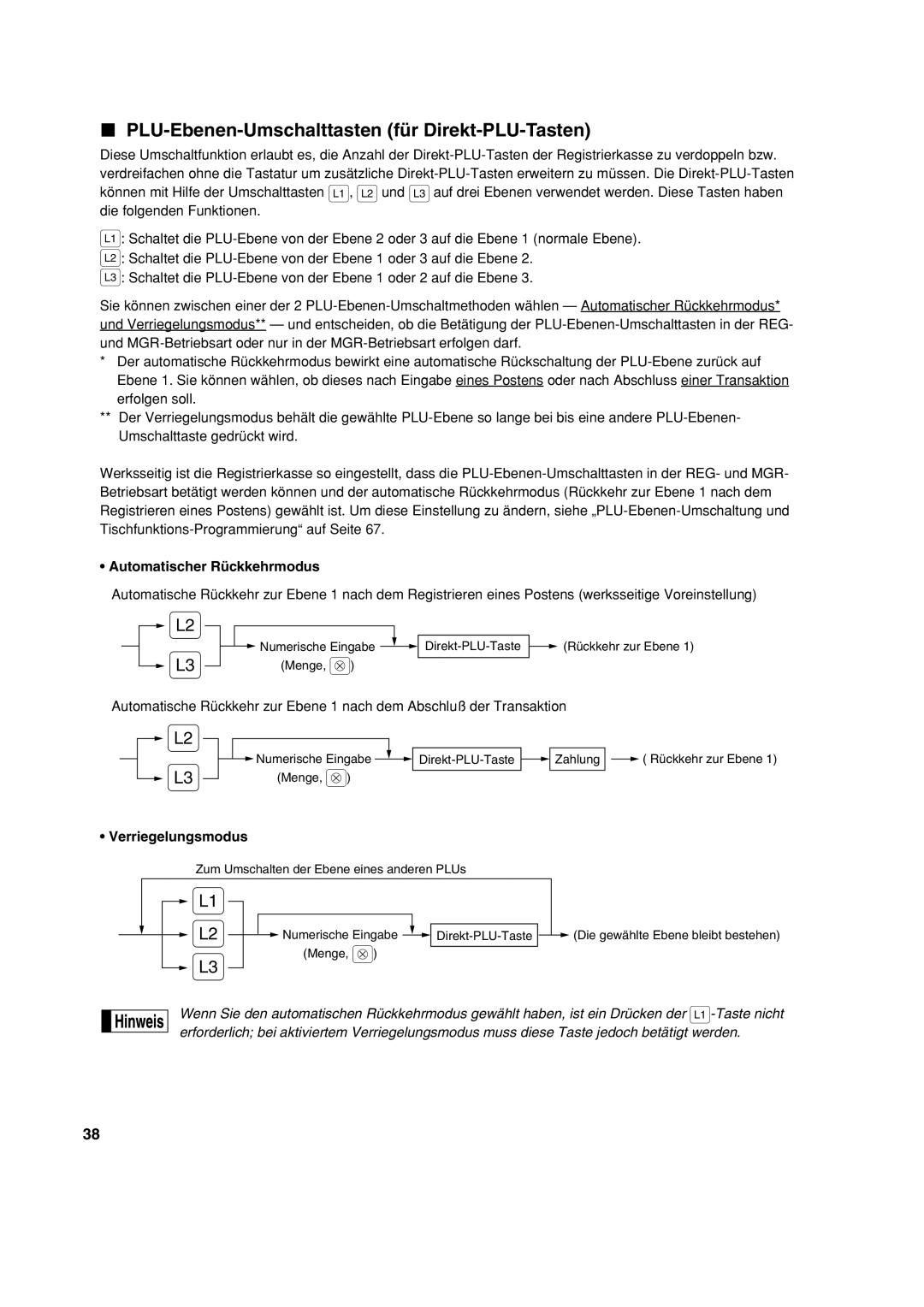 Sharp XE-A213 PLU-Ebenen-Umschalttasten für Direkt-PLU-Tasten, Automatischer Rückkehrmodus, Verriegelungsmodus 