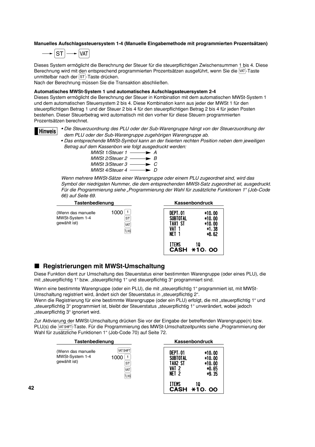 Sharp XE-A213 instruction manual Registrierungen mit MWSt-Umschaltung, Tastenbedienung 