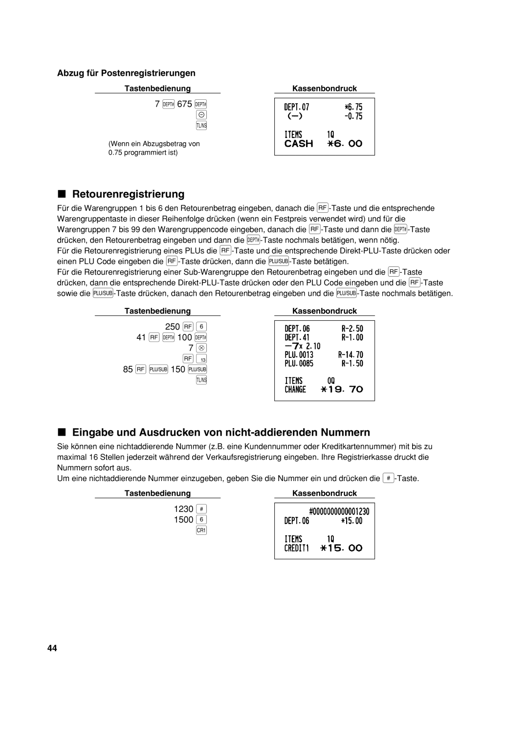 Sharp XE-A213 Retourenregistrierung, Eingabe und Ausdrucken von nicht-addierenden Nummern, Abzug für Postenregistrierungen 