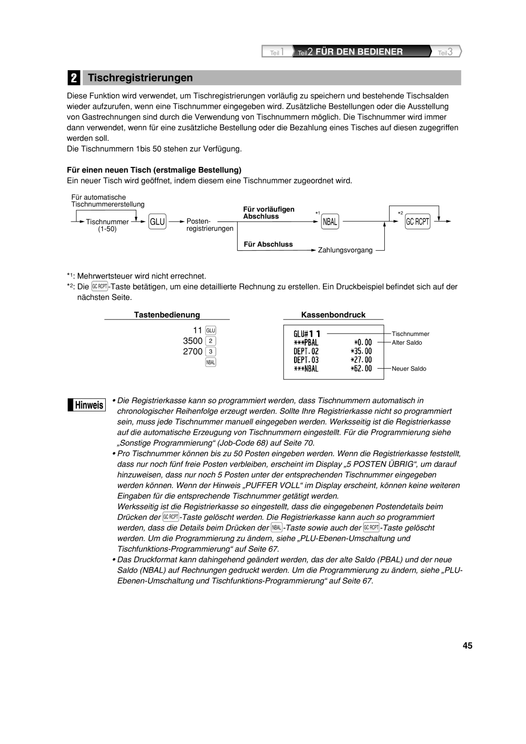 Sharp XE-A213 instruction manual Tischregistrierungen, Für einen neuen Tisch erstmalige Bestellung 