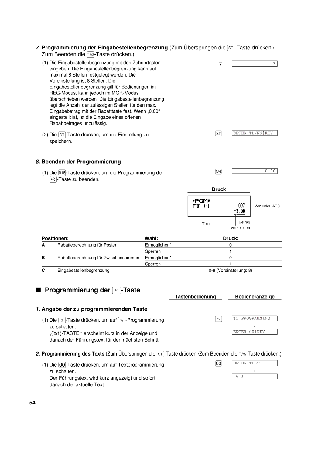 Sharp XE-A213 Programmierung der %-Taste, Positionen Wahl Druck, Die %-Taste drücken, um auf %-Programmierung zu schalten 