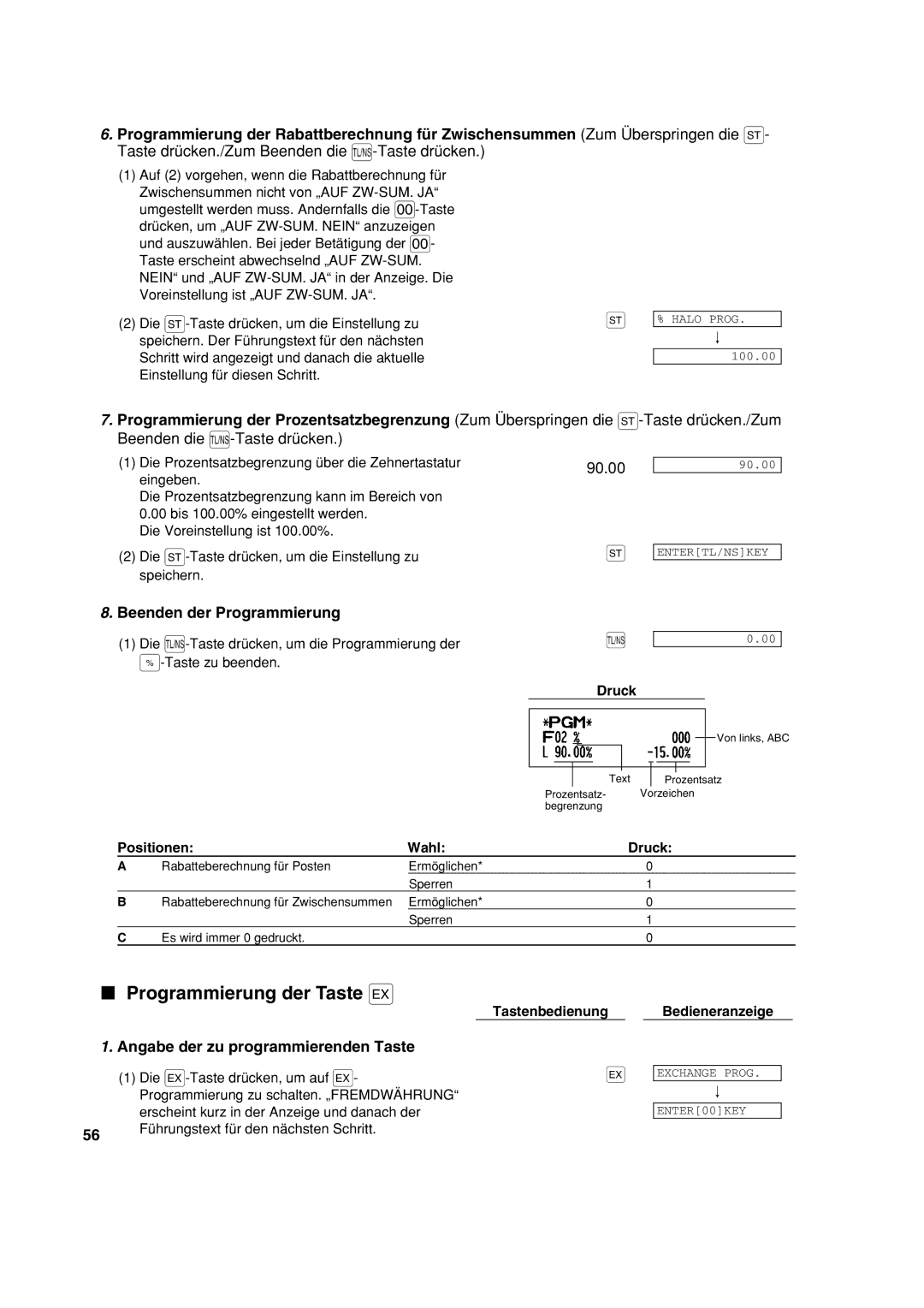 Sharp XE-A213 Programmierung der Taste, Beenden die A-Taste drücken, Die Prozentsatzbegrenzung über die Zehnertastatur 