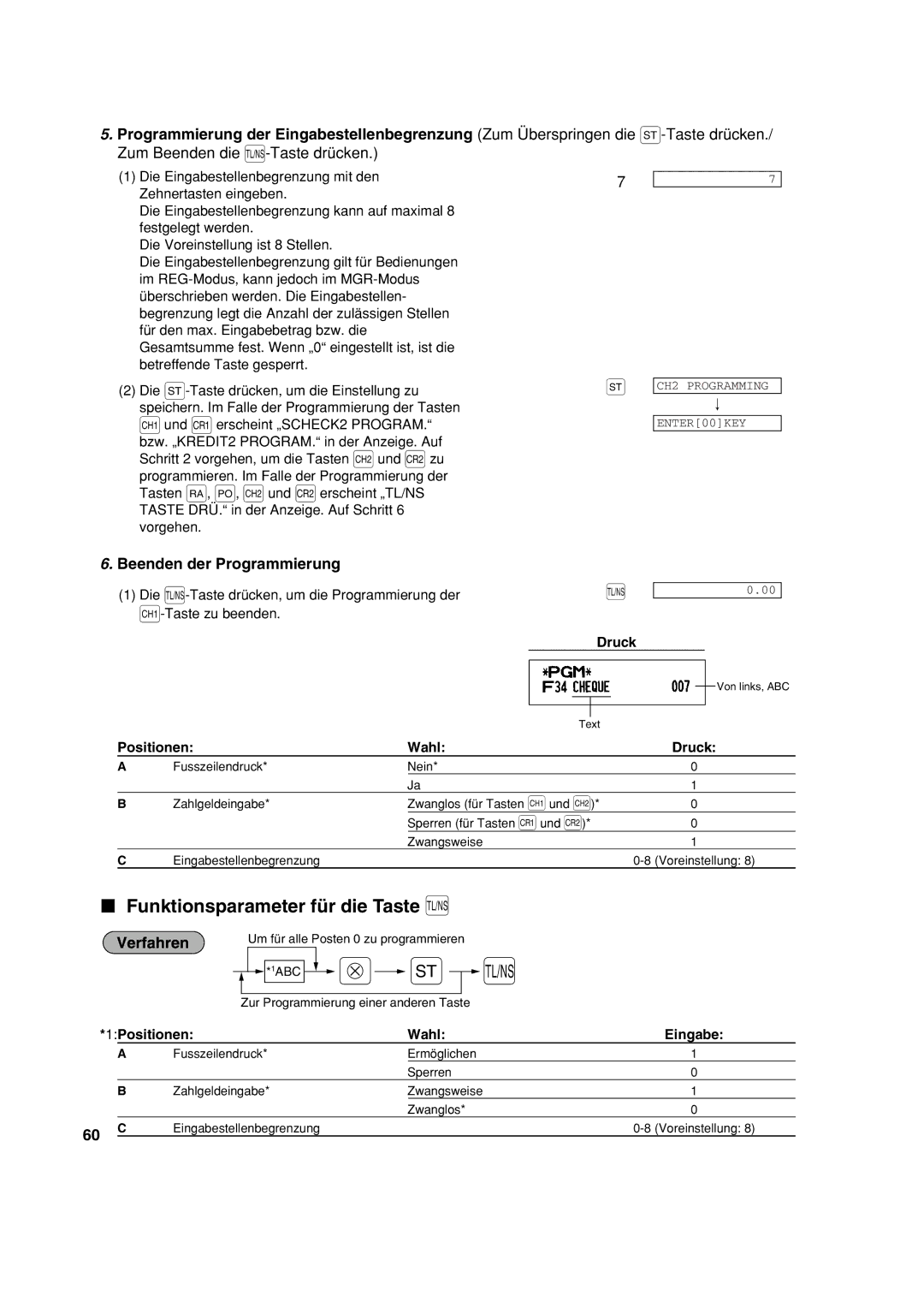 Sharp XE-A213 instruction manual Funktionsparameter für die Taste a, 1Positionen Wahl Eingabe 