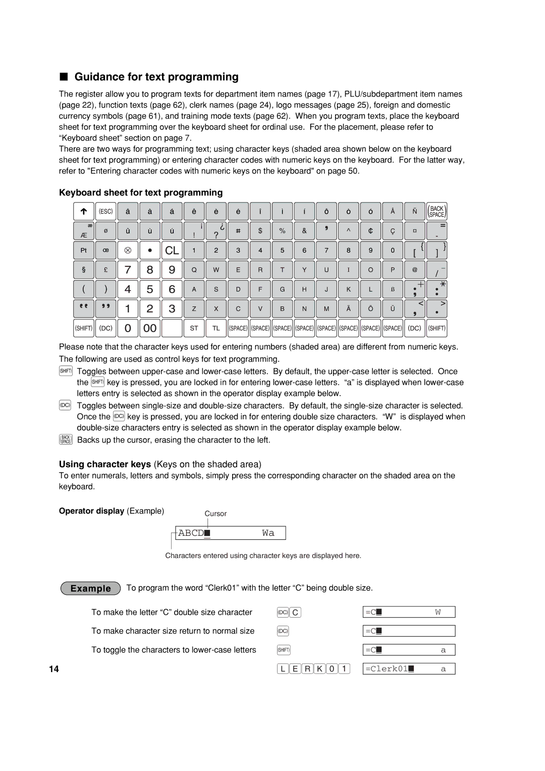 Sharp XE-A213 Guidance for text programming, Keyboard sheet for text programming, Operator display Example 