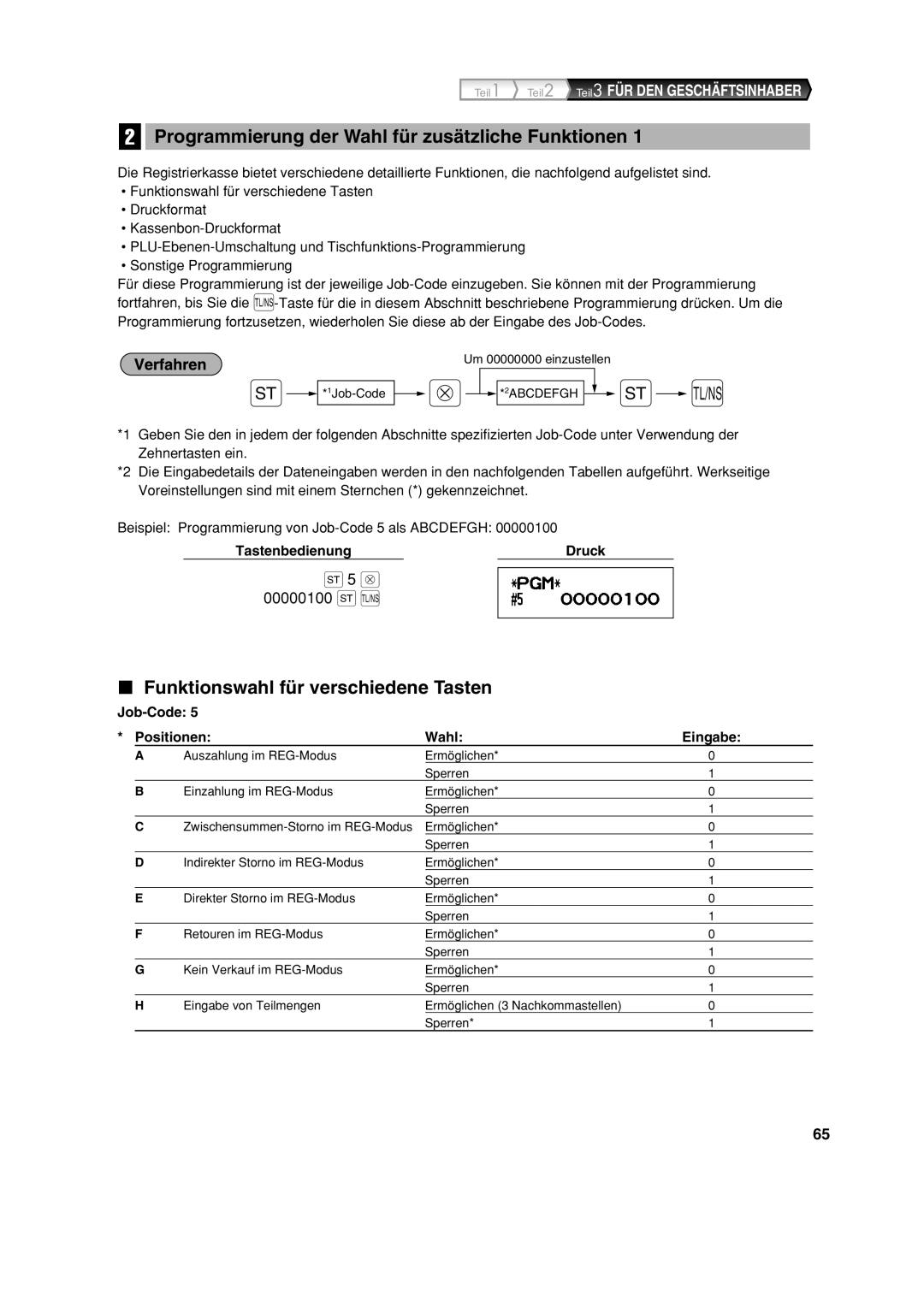 Sharp XE-A213 instruction manual Programmierung der Wahl für zusätzliche Funktionen, Funktionswahl für verschiedene Tasten 