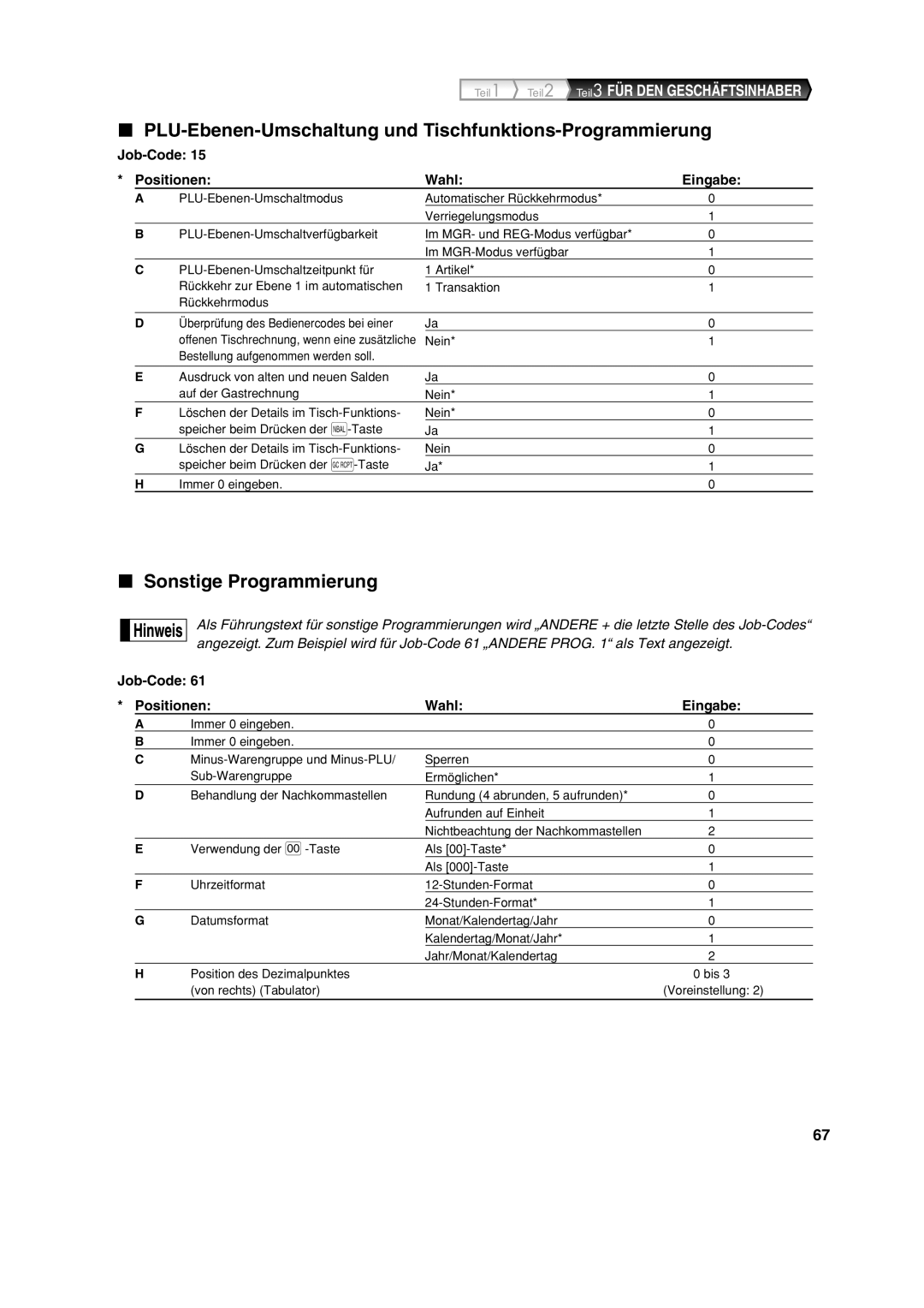 Sharp XE-A213 instruction manual PLU-Ebenen-Umschaltung und Tischfunktions-Programmierung, Sonstige Programmierung 